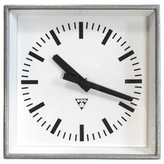 Retro Grey Industrial Square Pragotron Wall Clocks, 1970s