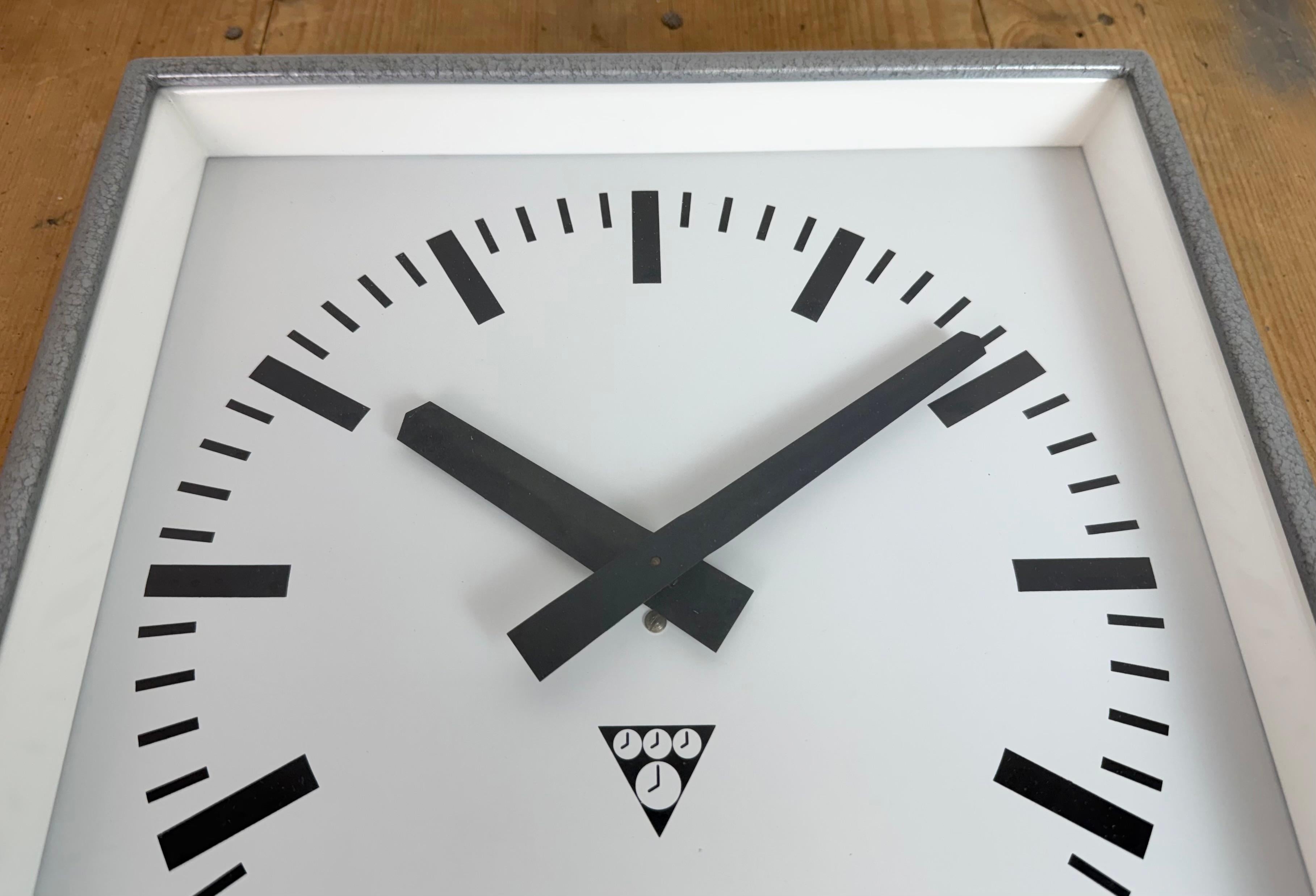Grey Industrial Square Wall Clock from Pragotron, 1970s For Sale 4
