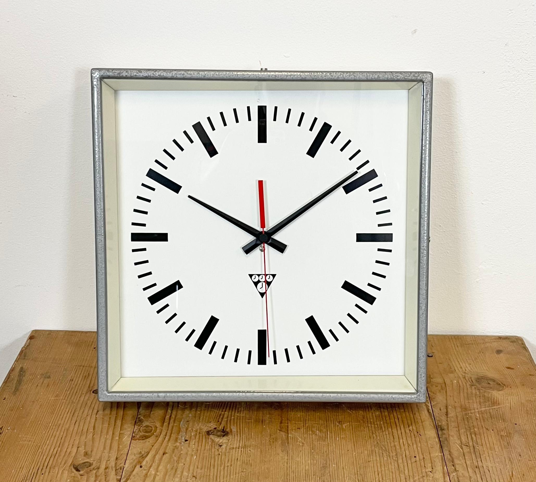 Grey Industrial Square Wall Clock from Pragotron, 1970s 3
