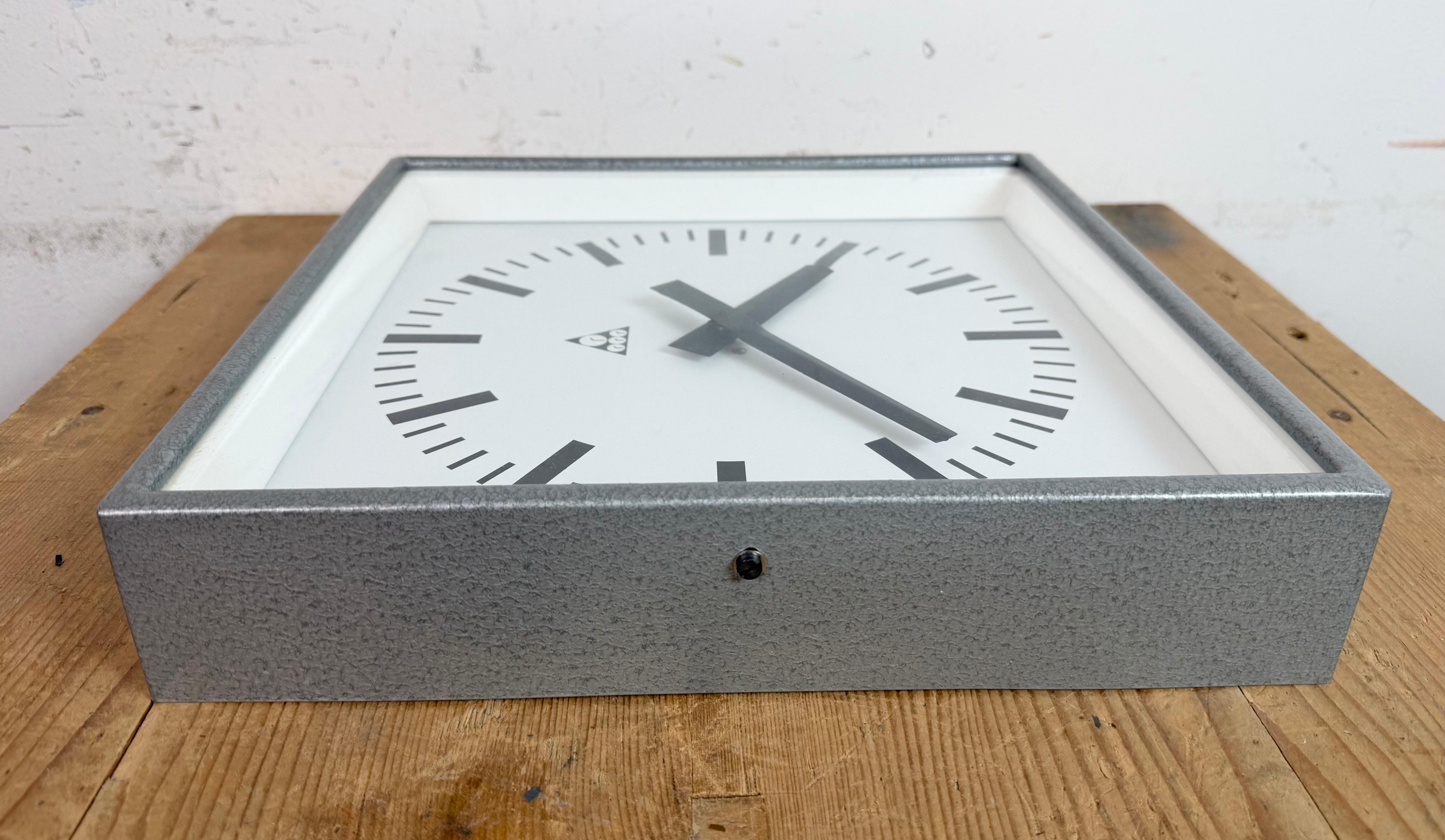 Grey Industrial Square Wall Clock from Pragotron, 1970s For Sale 5