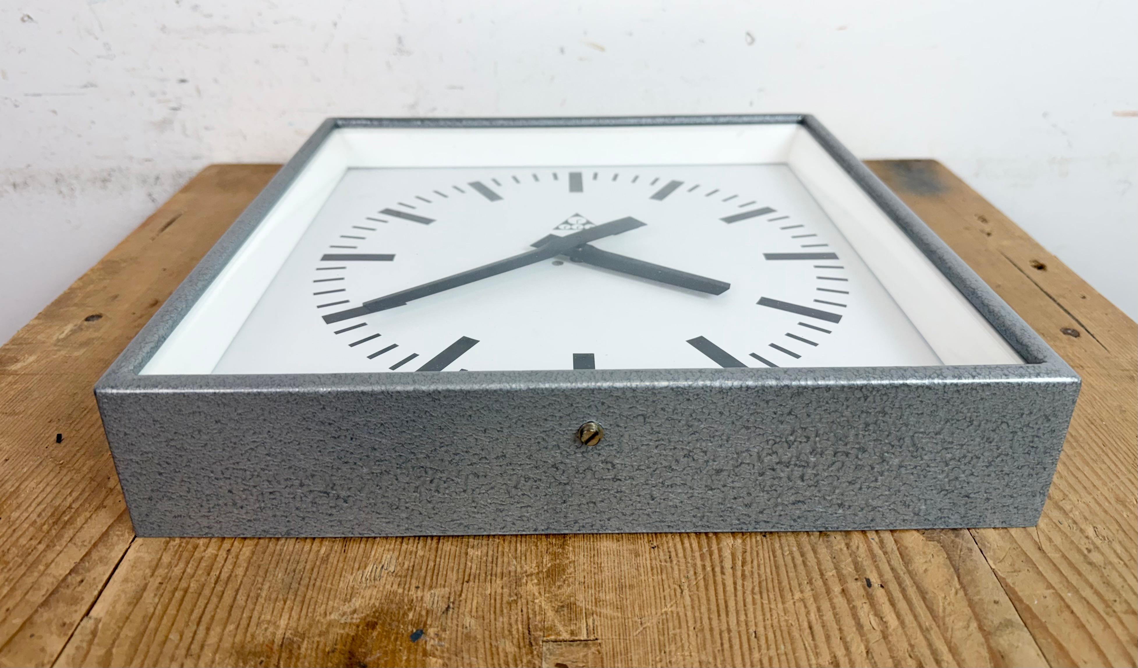 Grey Industrial Square Wall Clock from Pragotron, 1970s For Sale 6