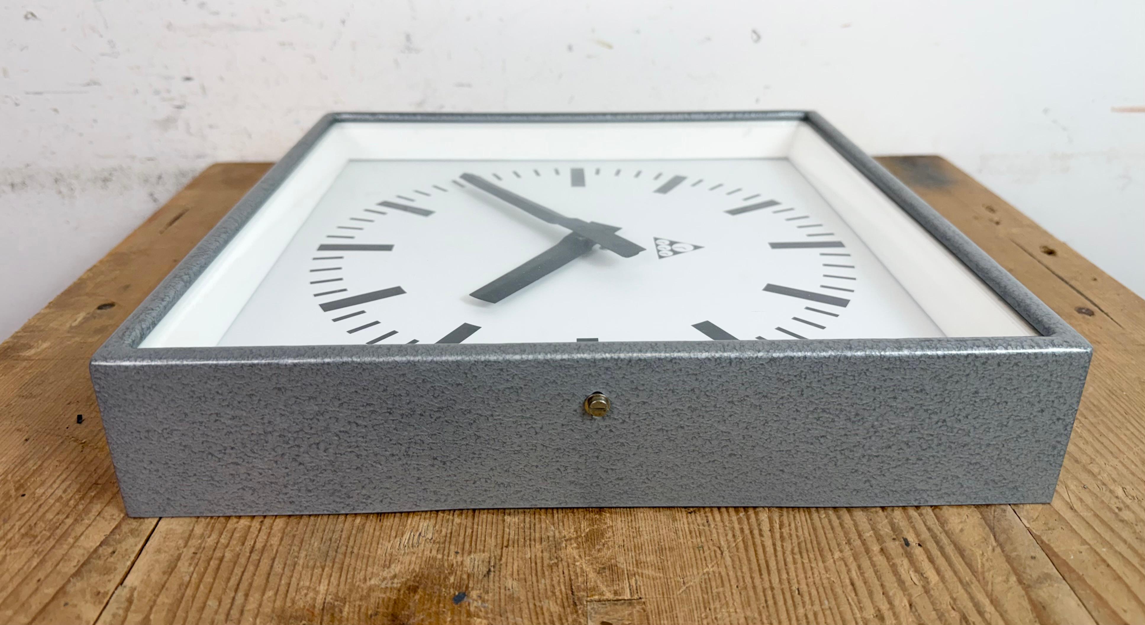 Grey Industrial Square Wall Clock from Pragotron, 1970s For Sale 7
