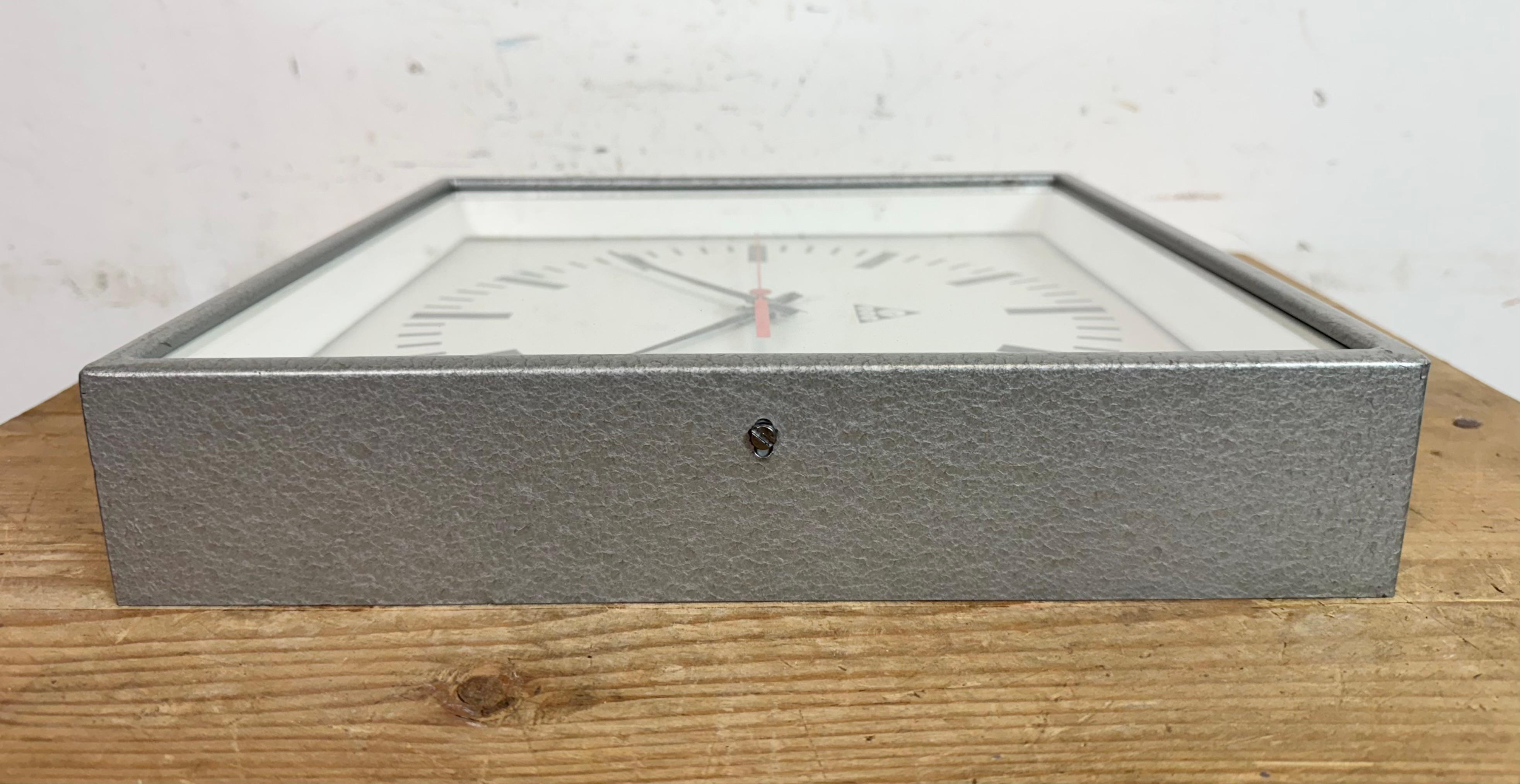Grey Industrial Square Wall Clock from Pragotron, 1970s For Sale 9