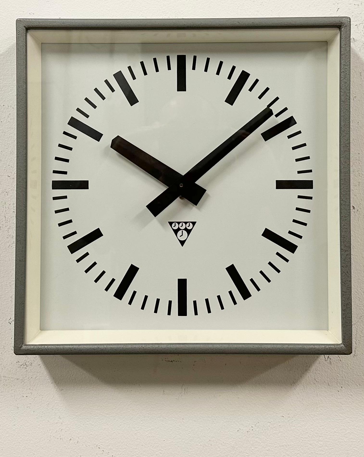 Czech Grey Industrial Square Wall Clock from Pragotron, 1970s For Sale