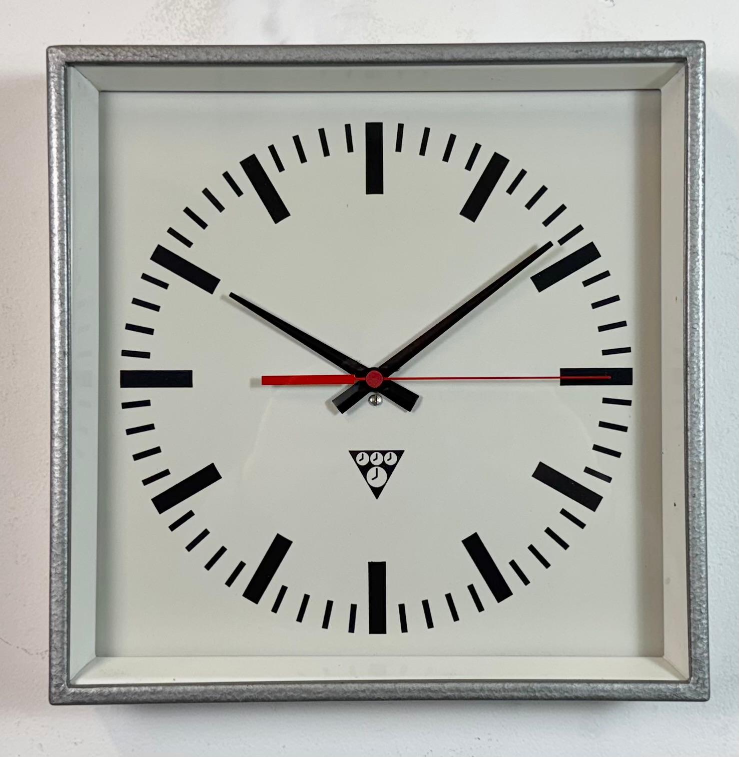 Czech Grey Industrial Square Wall Clock from Pragotron, 1970s For Sale