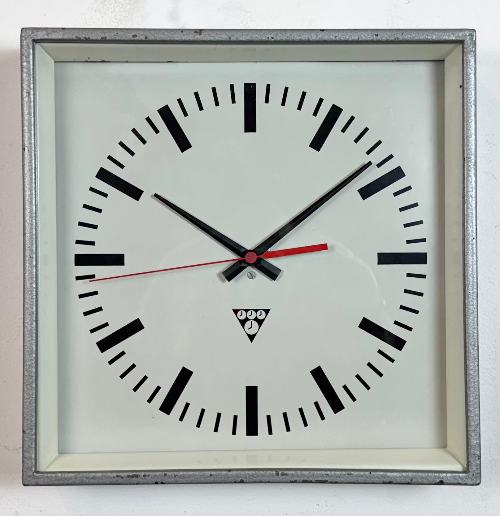 Czech Grey Industrial Square Wall Clock from Pragotron, 1970s For Sale
