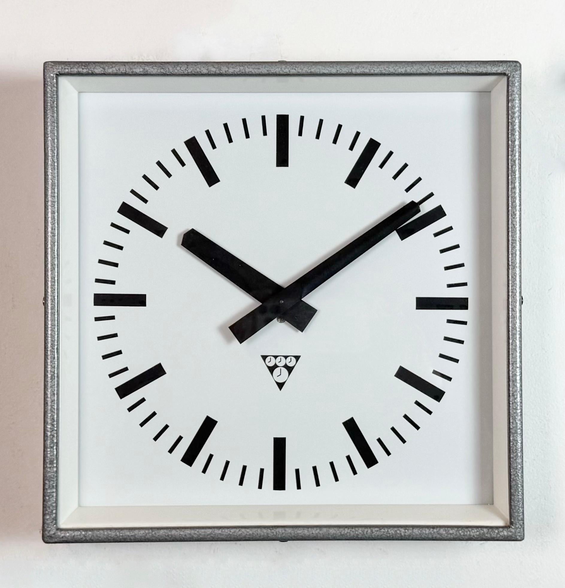 Czech Grey Industrial Square Wall Clock from Pragotron, 1970s For Sale