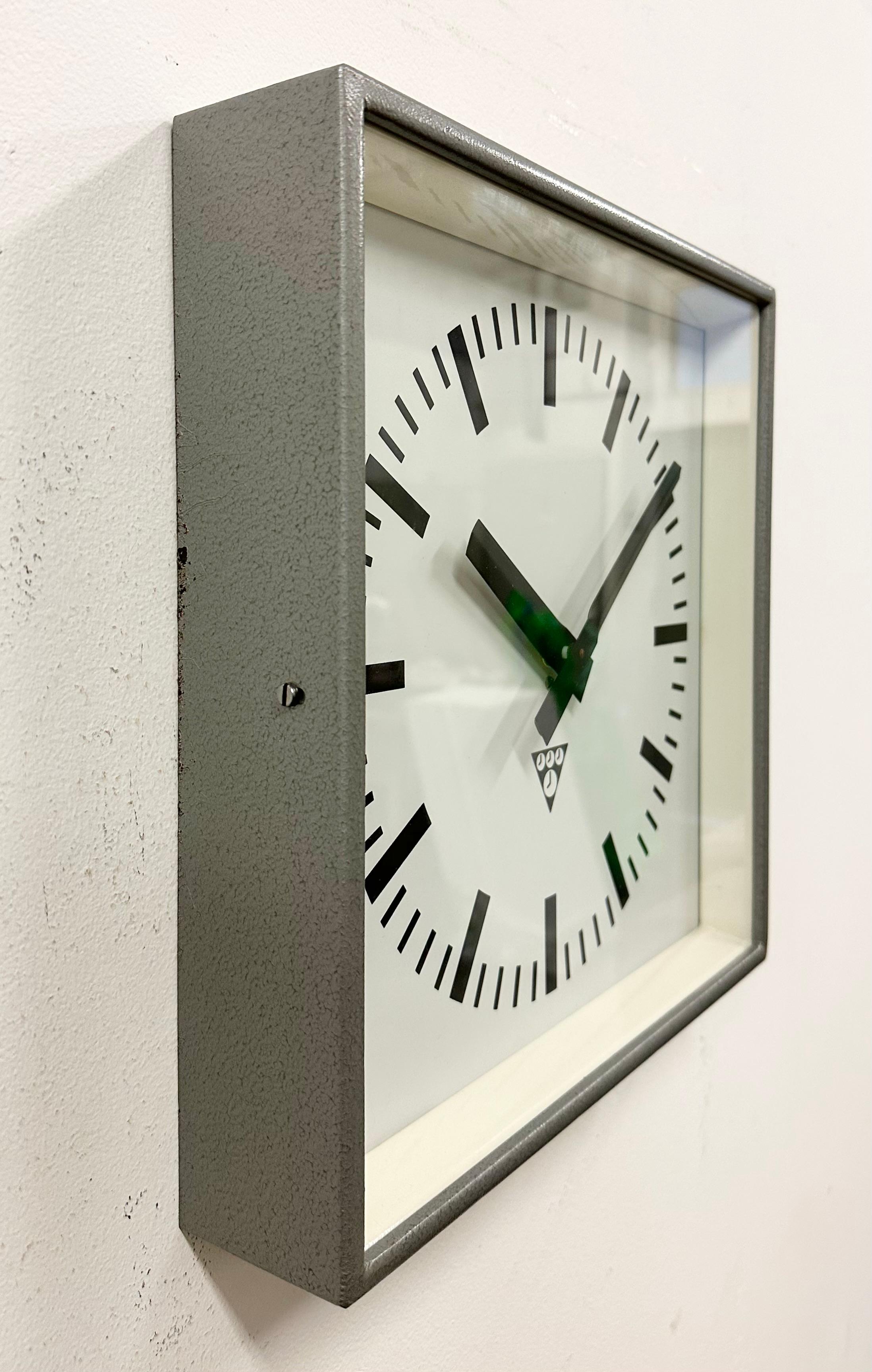 Late 20th Century Grey Industrial Square Wall Clock from Pragotron, 1970s For Sale