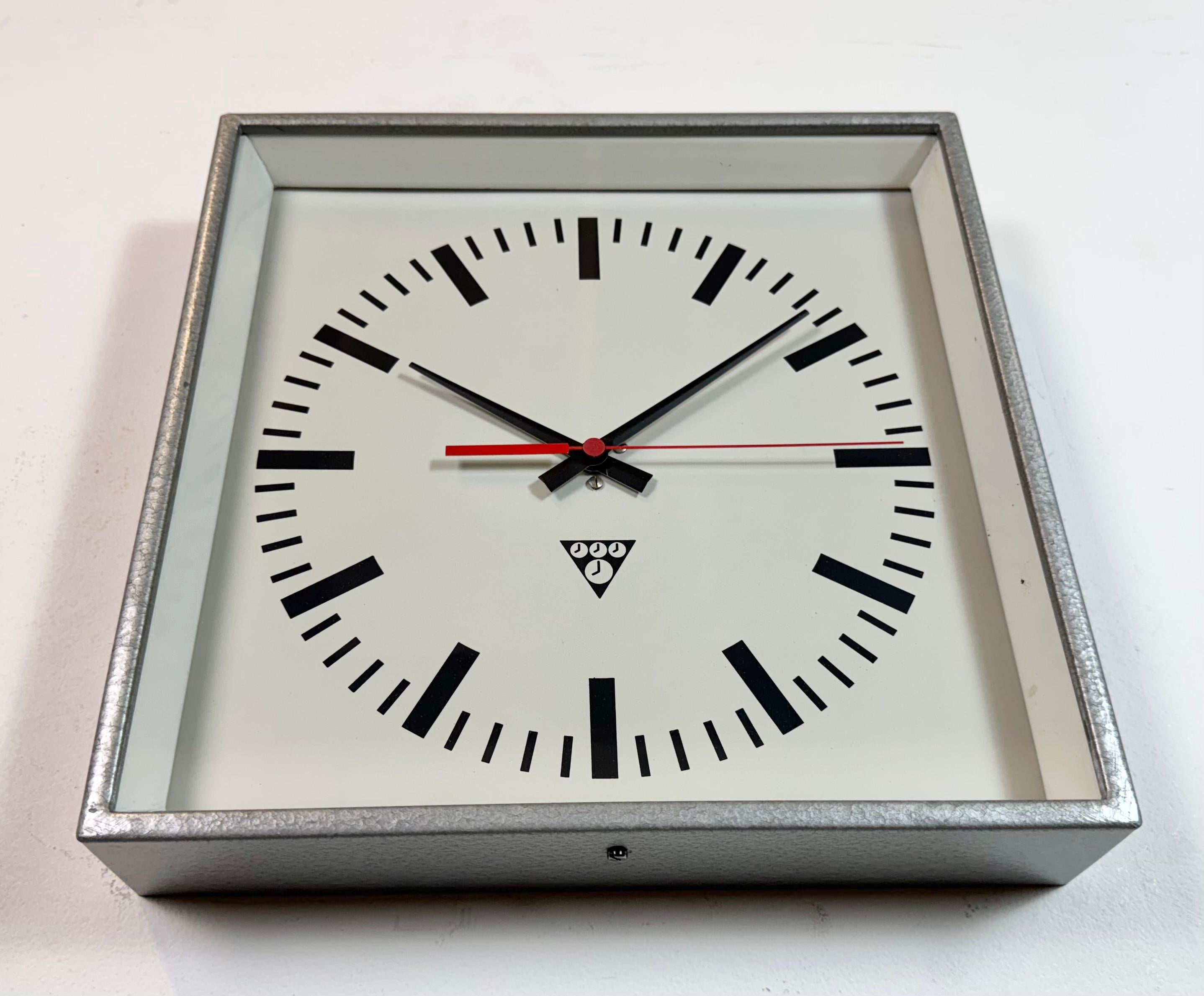 Late 20th Century Grey Industrial Square Wall Clock from Pragotron, 1970s For Sale