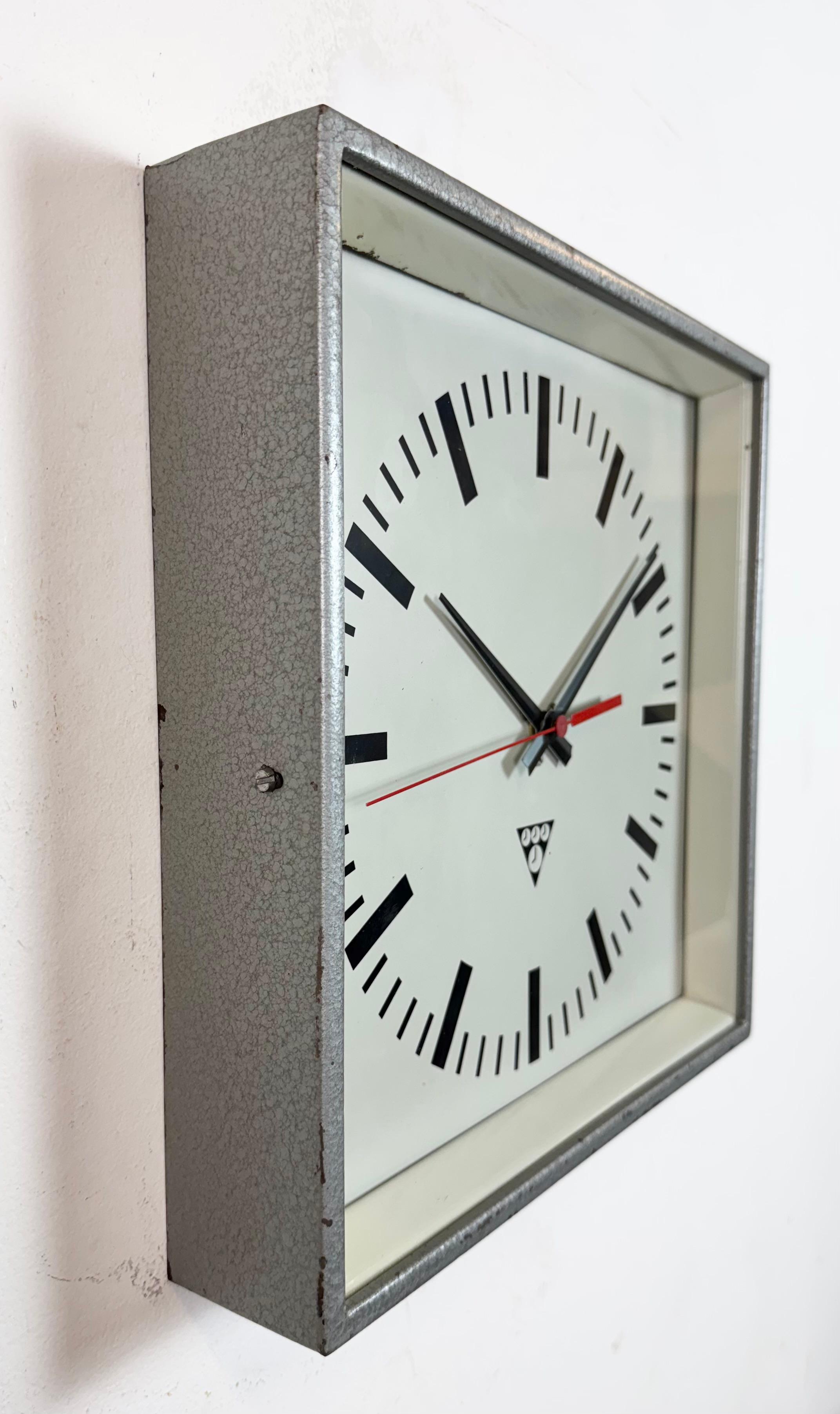 Late 20th Century Grey Industrial Square Wall Clock from Pragotron, 1970s For Sale