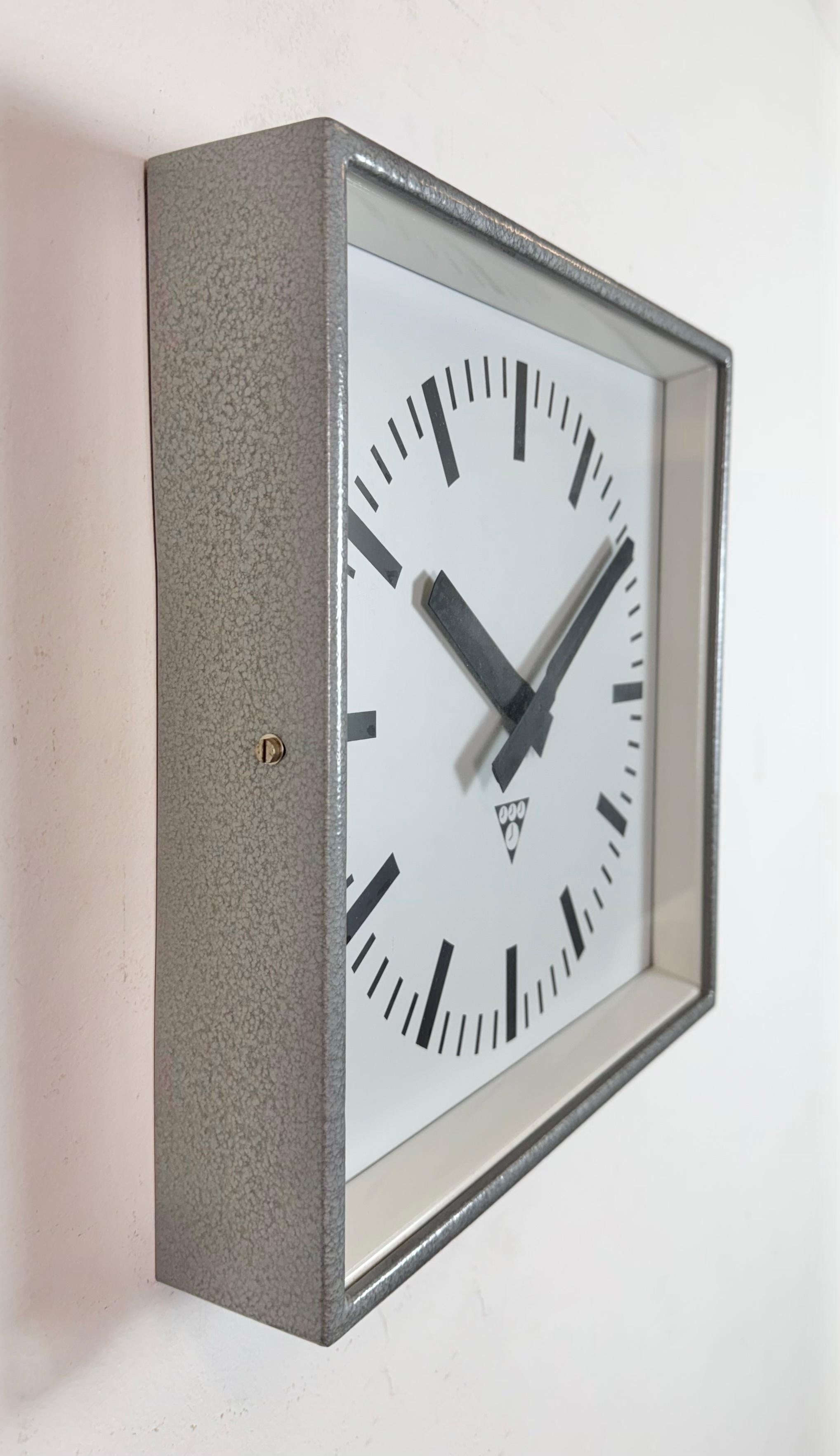 Late 20th Century Grey Industrial Square Wall Clock from Pragotron, 1970s For Sale