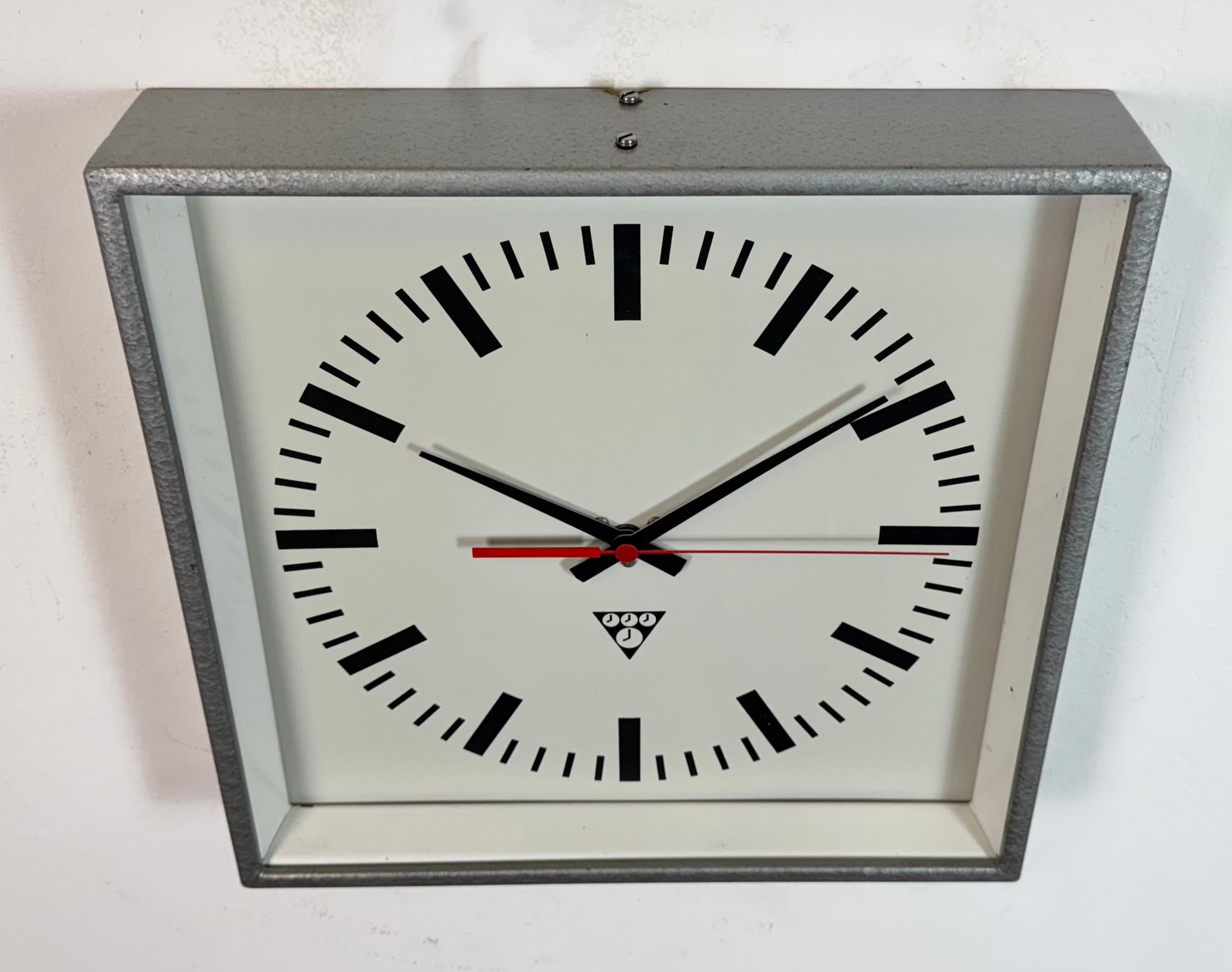 Aluminum Grey Industrial Square Wall Clock from Pragotron, 1970s For Sale