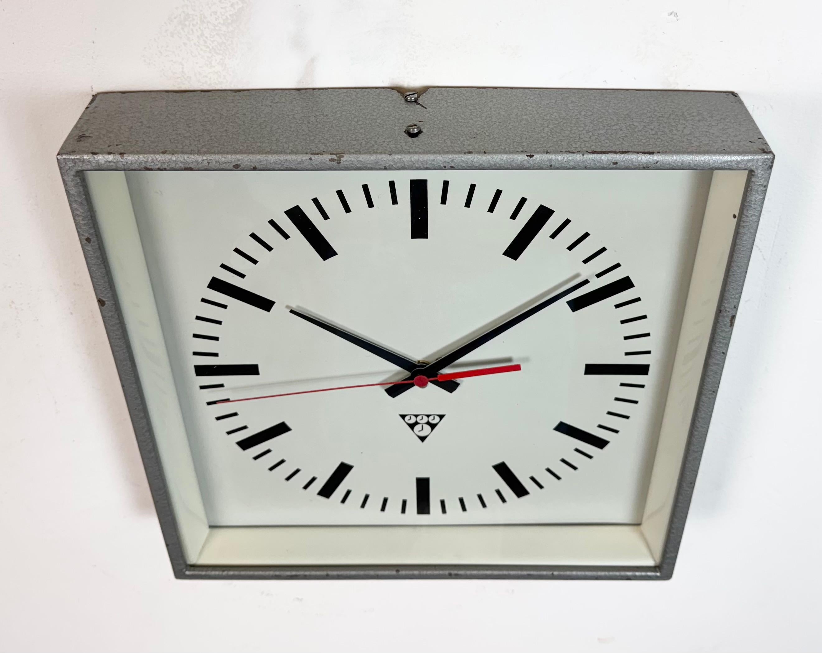 Aluminum Grey Industrial Square Wall Clock from Pragotron, 1970s For Sale