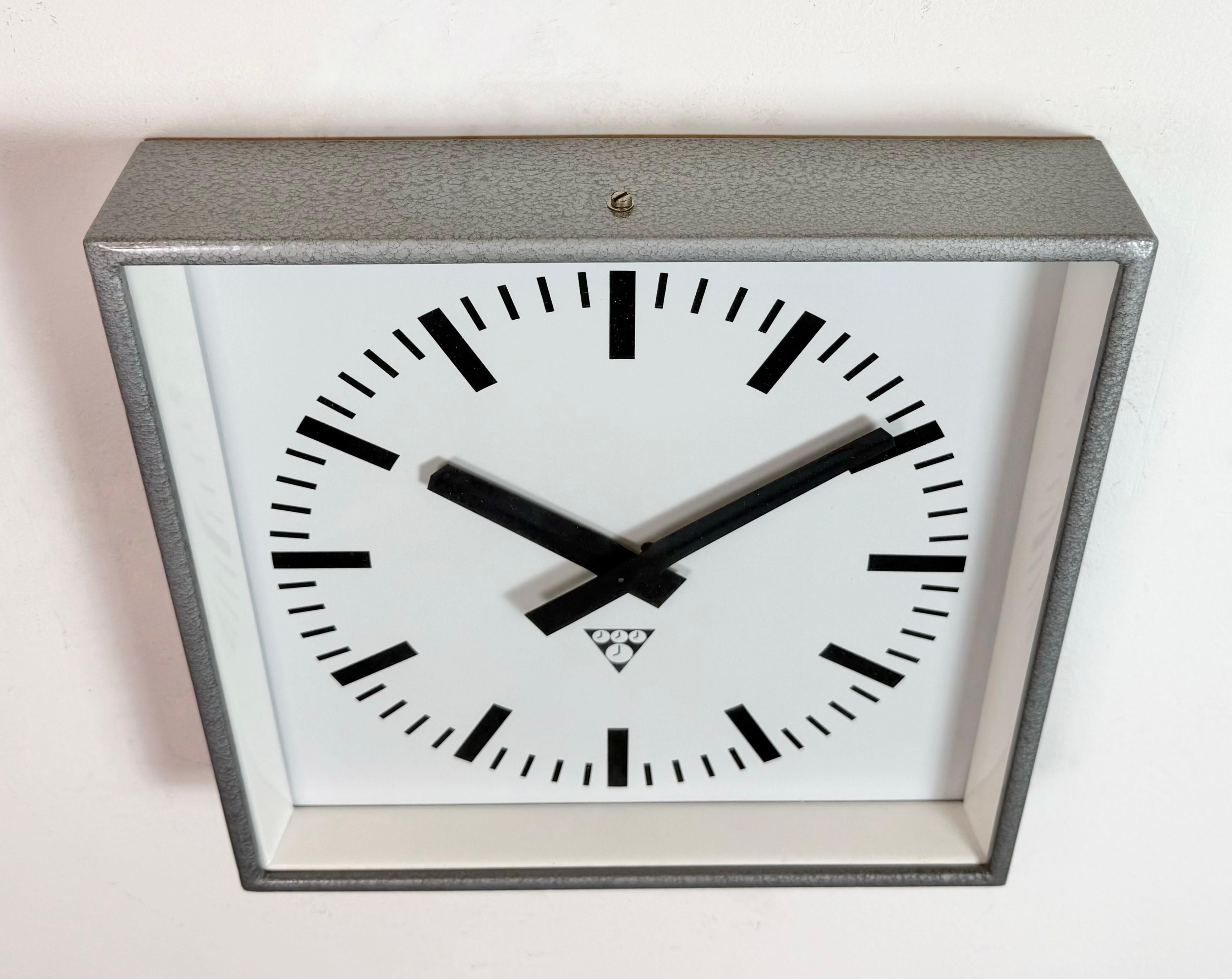 Aluminum Grey Industrial Square Wall Clock from Pragotron, 1970s For Sale