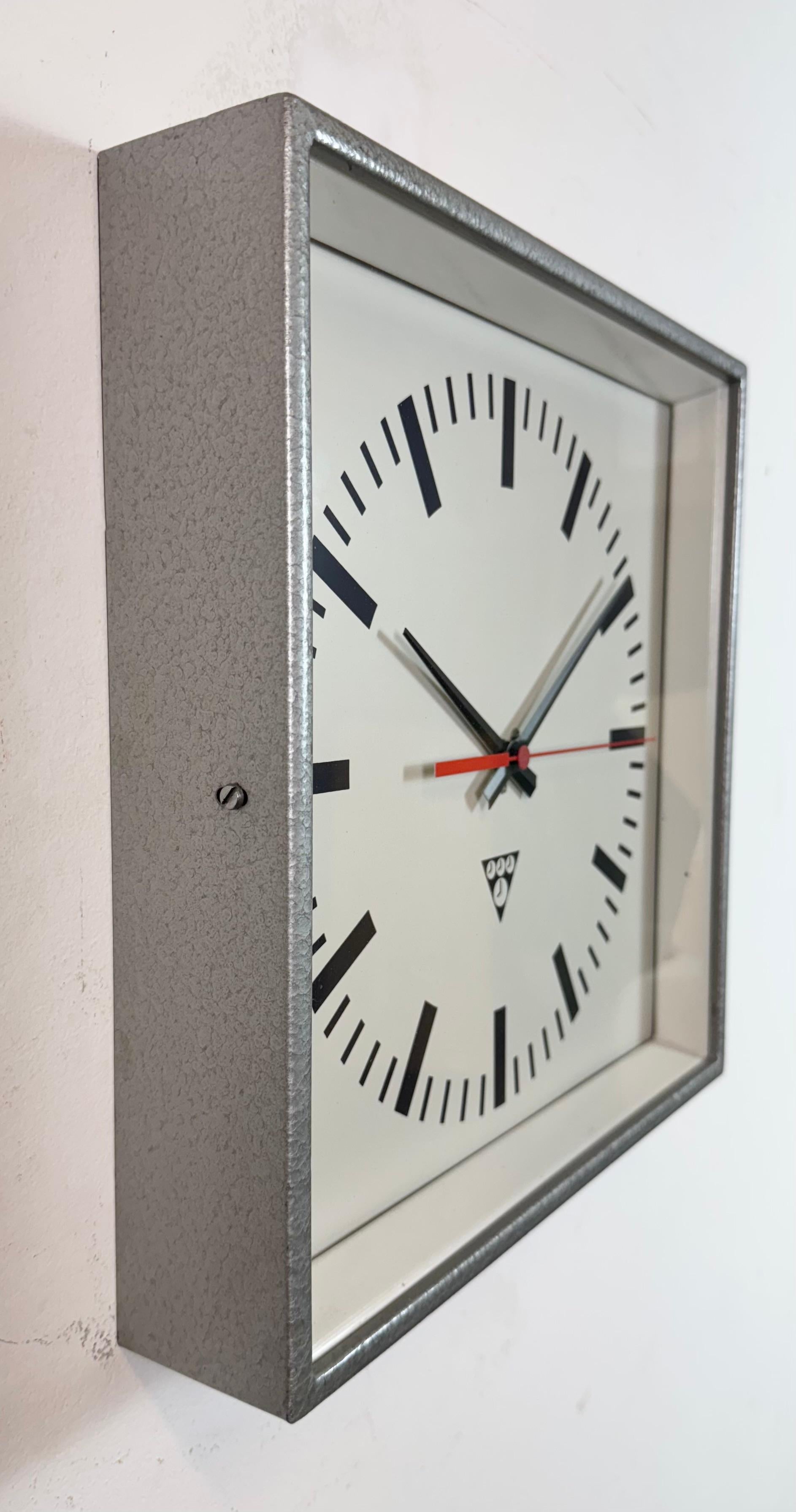 Grey Industrial Square Wall Clock from Pragotron, 1970s For Sale 1