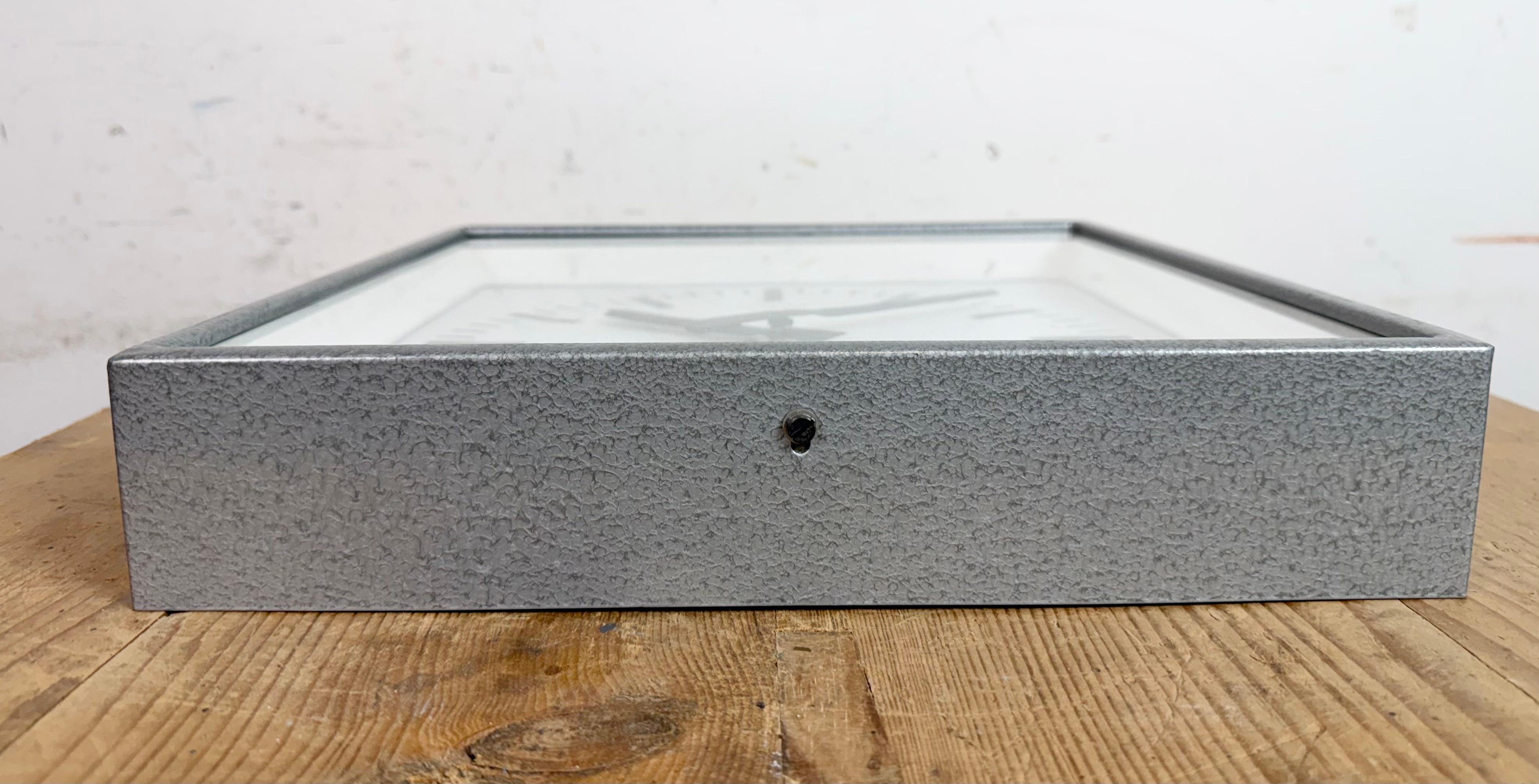 Grey Industrial Square Wall Clock from Pragotron, 1970s For Sale 3
