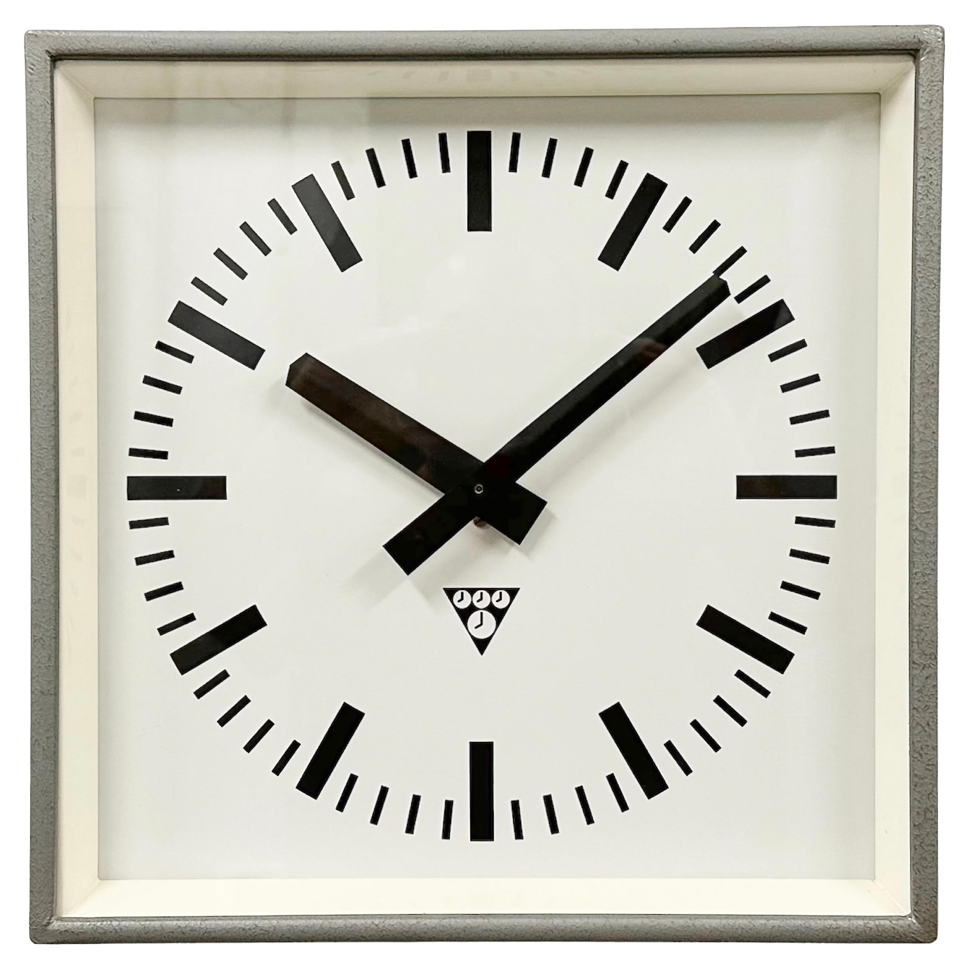 Grey Industrial Square Wall Clock from Pragotron, 1970s