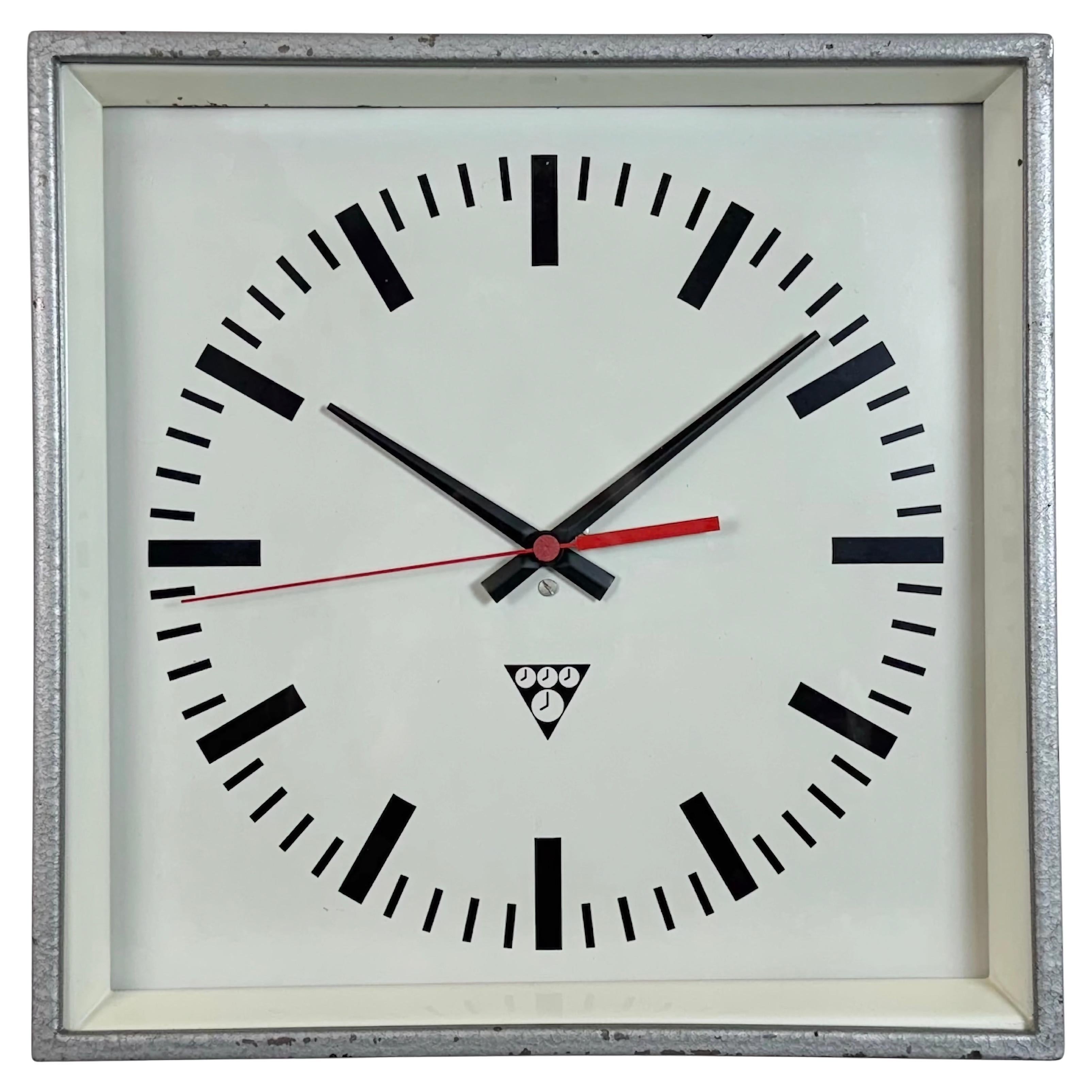 Grey Industrial Square Wall Clock from Pragotron, 1970s