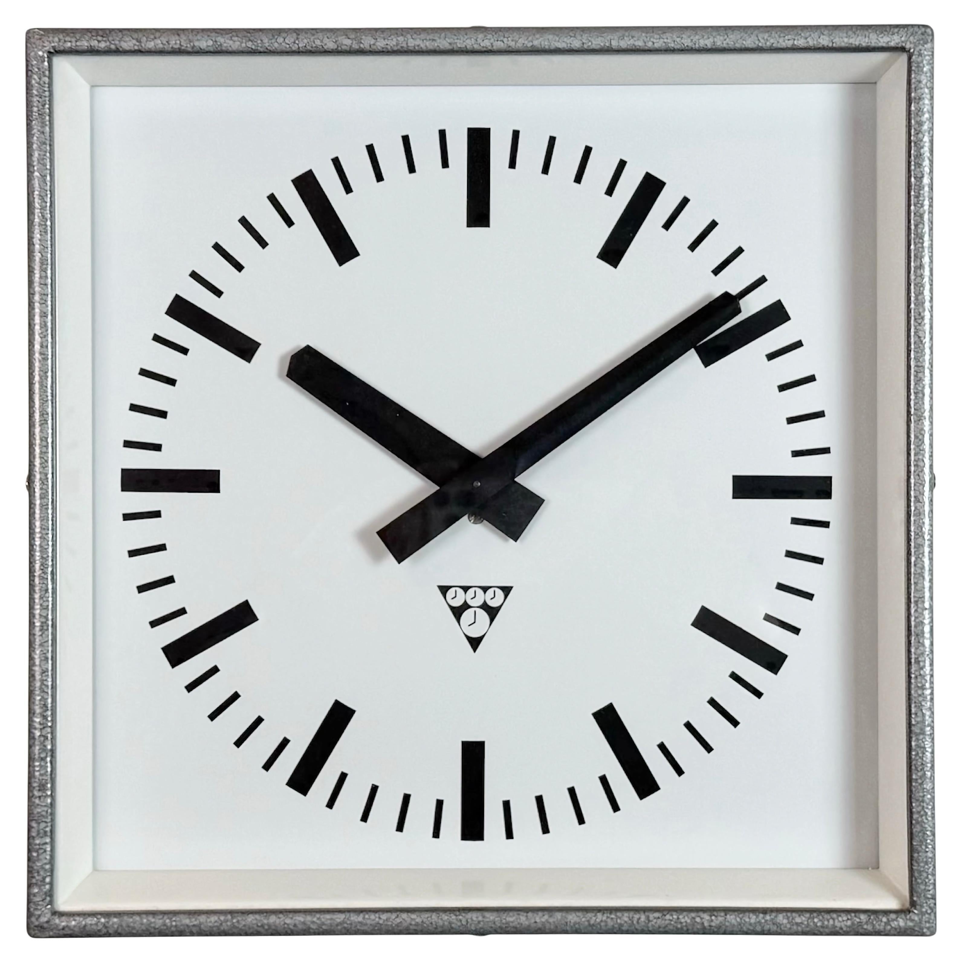 Grey Industrial Square Wall Clock from Pragotron, 1970s For Sale