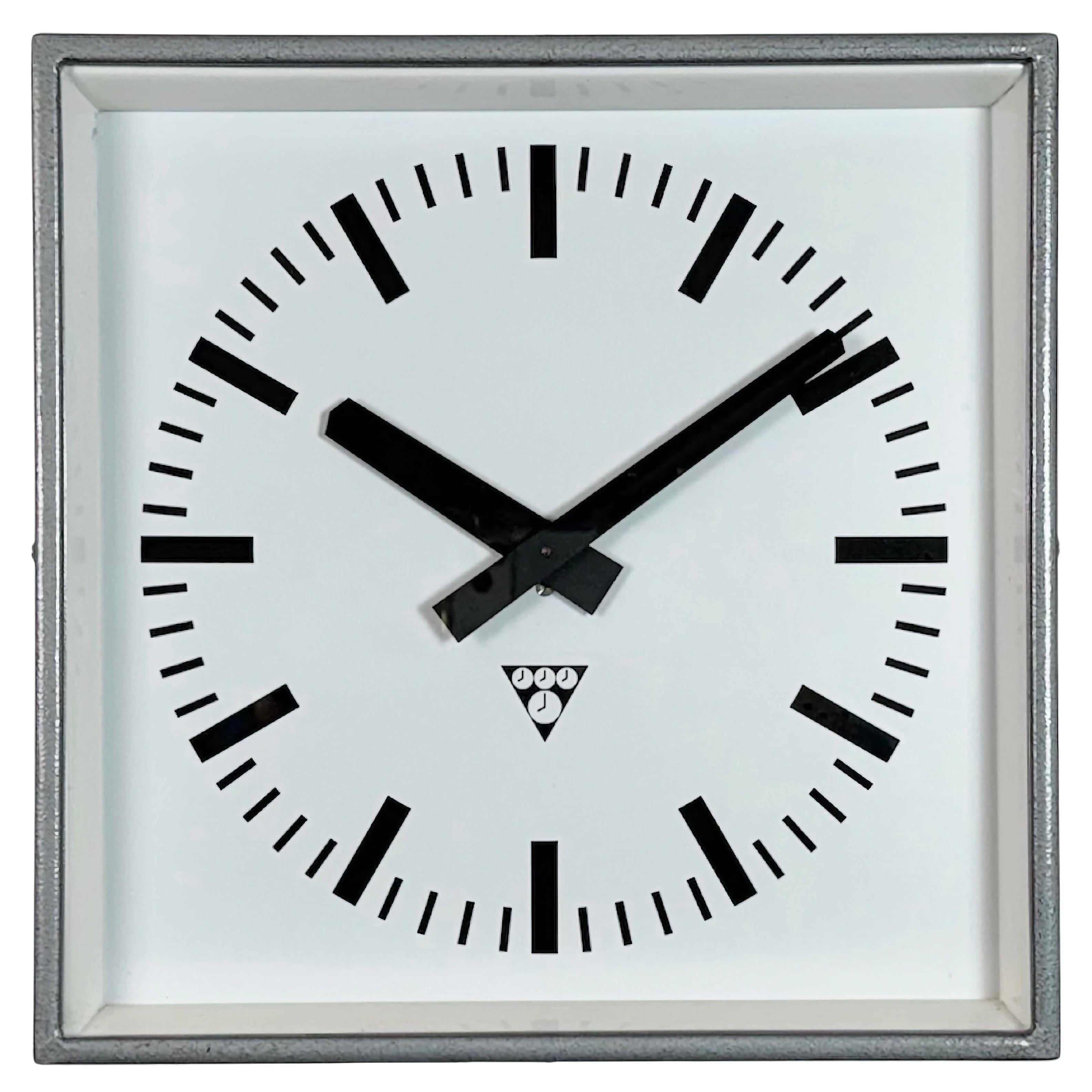 Grey Industrial Square Wall Clock from Pragotron, 1970s For Sale