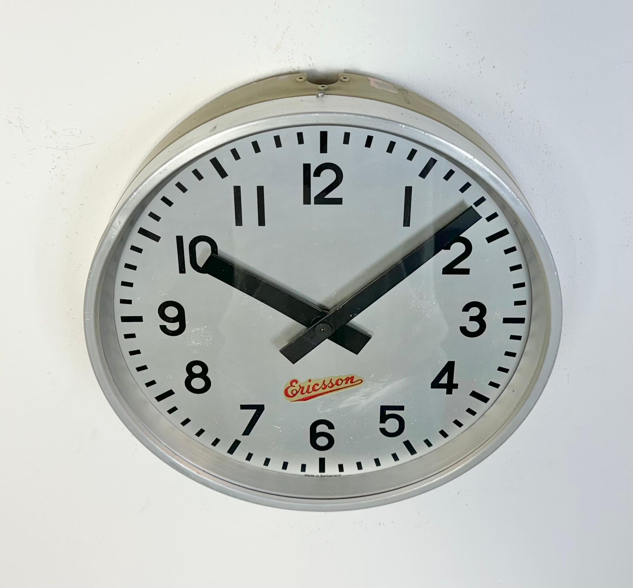Aluminum Grey Industrial Wall Clock from Ericsson, 1960s For Sale