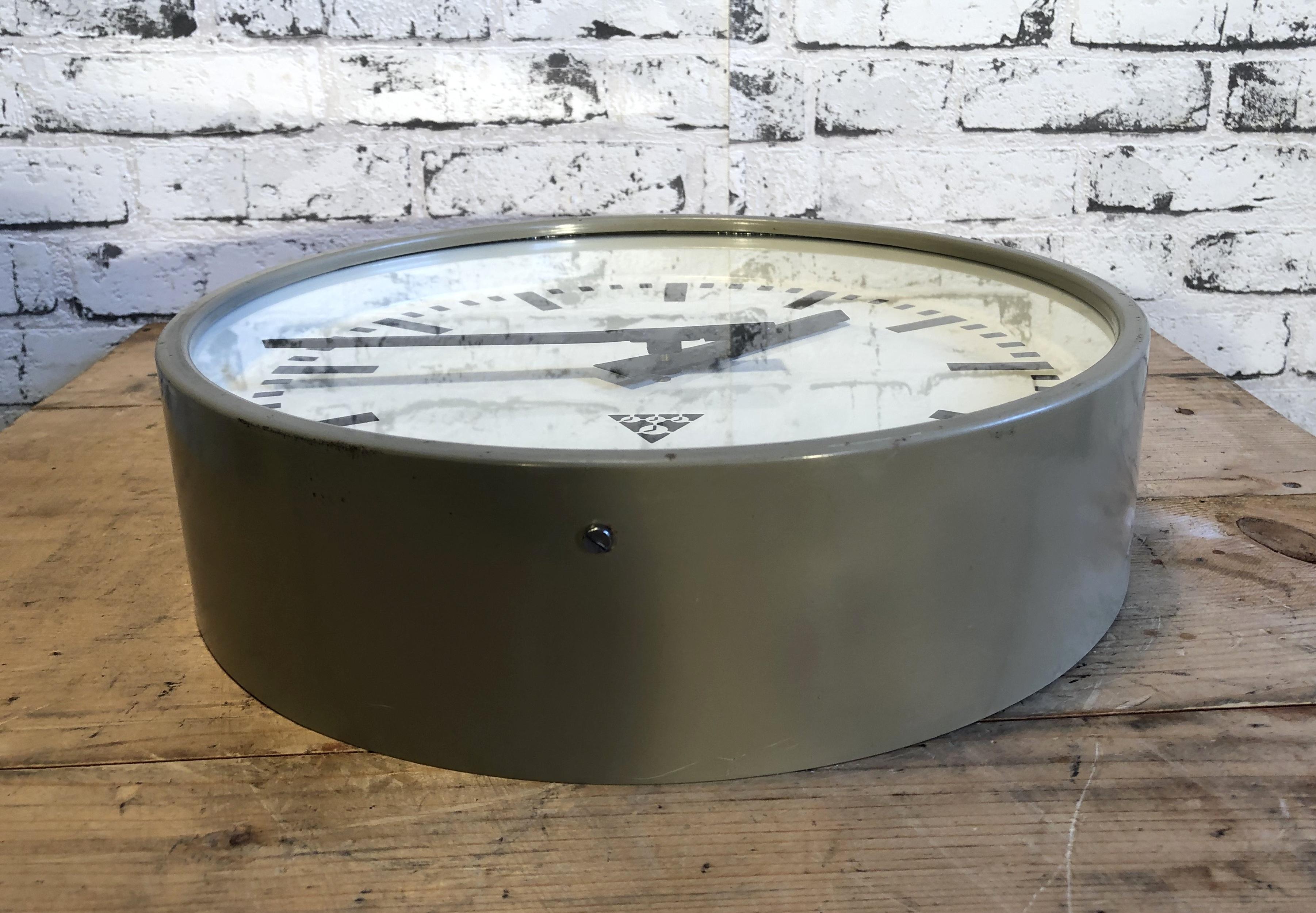 Lacquered Grey Industrial Wall Clock from Pragotron, 1960s