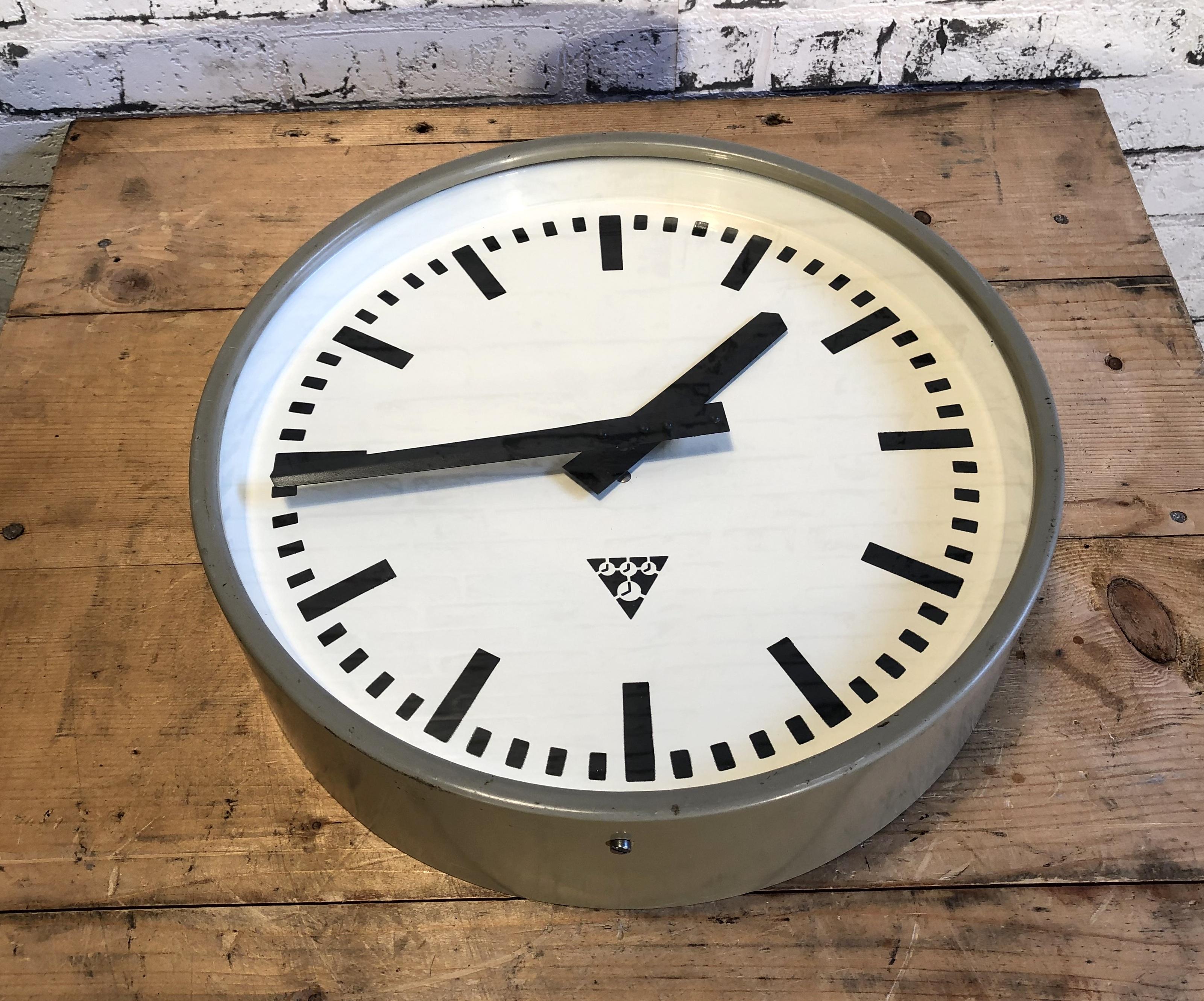 Glass Grey Industrial Wall Clock from Pragotron, 1960s