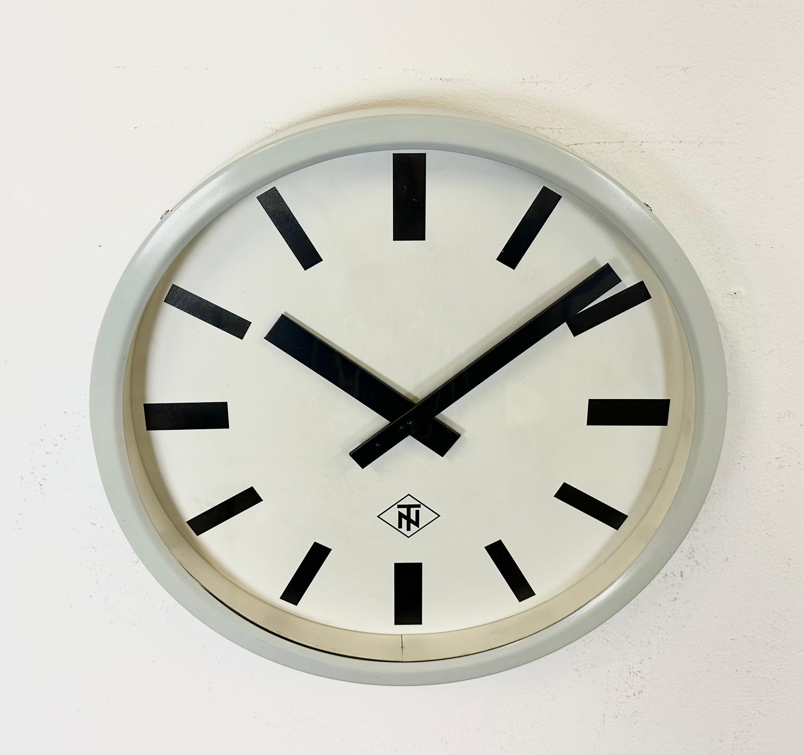 German Grey Industrial Wall Clock from TN, 1960s For Sale