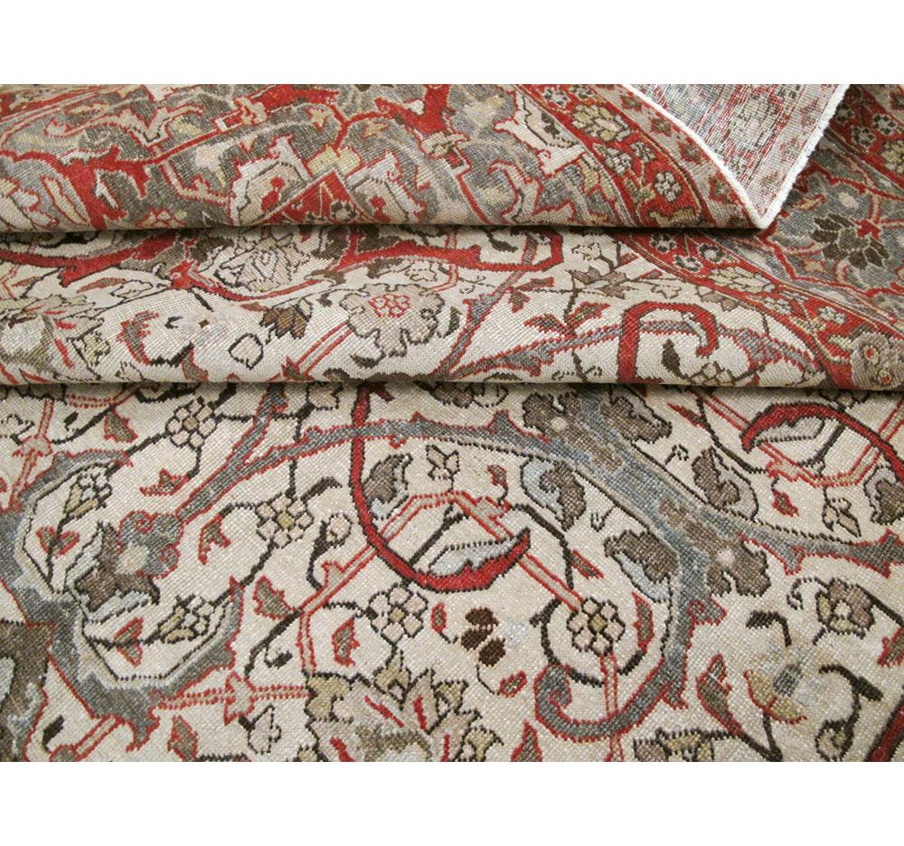 Grey, Ivory, & Red Early 20th Century Handmade Persian Tabriz Room Size Carpet For Sale 4