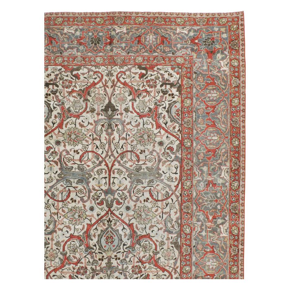 Victorian Grey, Ivory, & Red Early 20th Century Handmade Persian Tabriz Room Size Carpet For Sale