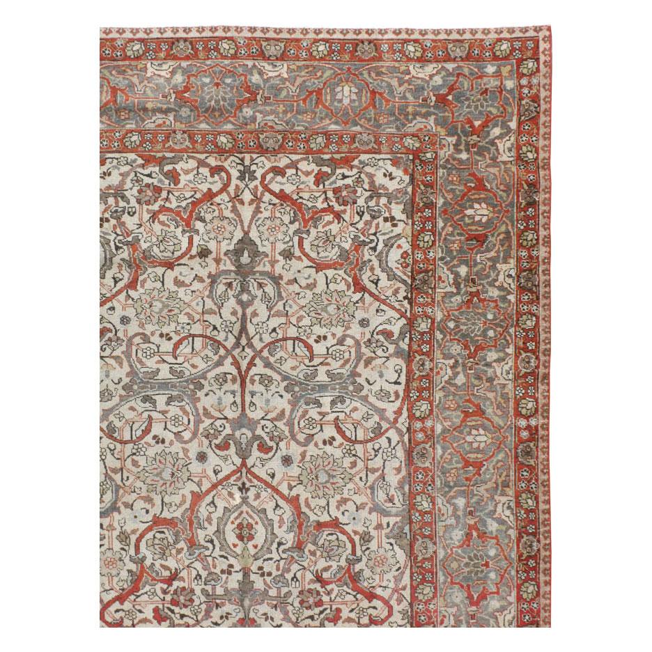 Hand-Knotted Grey, Ivory, & Red Early 20th Century Handmade Persian Tabriz Room Size Carpet For Sale