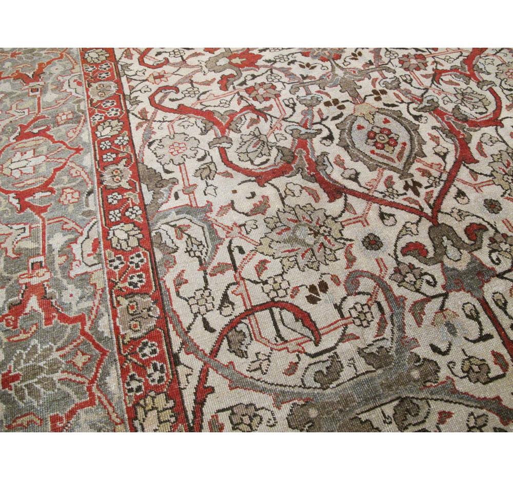 Wool Grey, Ivory, & Red Early 20th Century Handmade Persian Tabriz Room Size Carpet For Sale