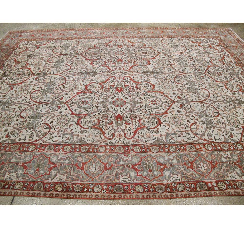Grey, Ivory, & Red Early 20th Century Handmade Persian Tabriz Room Size Carpet For Sale 2