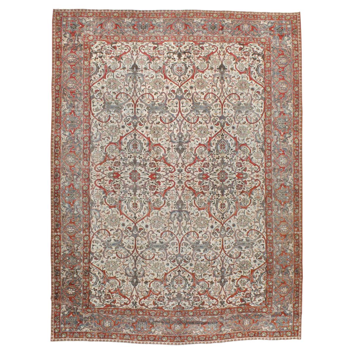 Grey, Ivory, & Red Early 20th Century Handmade Persian Tabriz Room Size Carpet For Sale