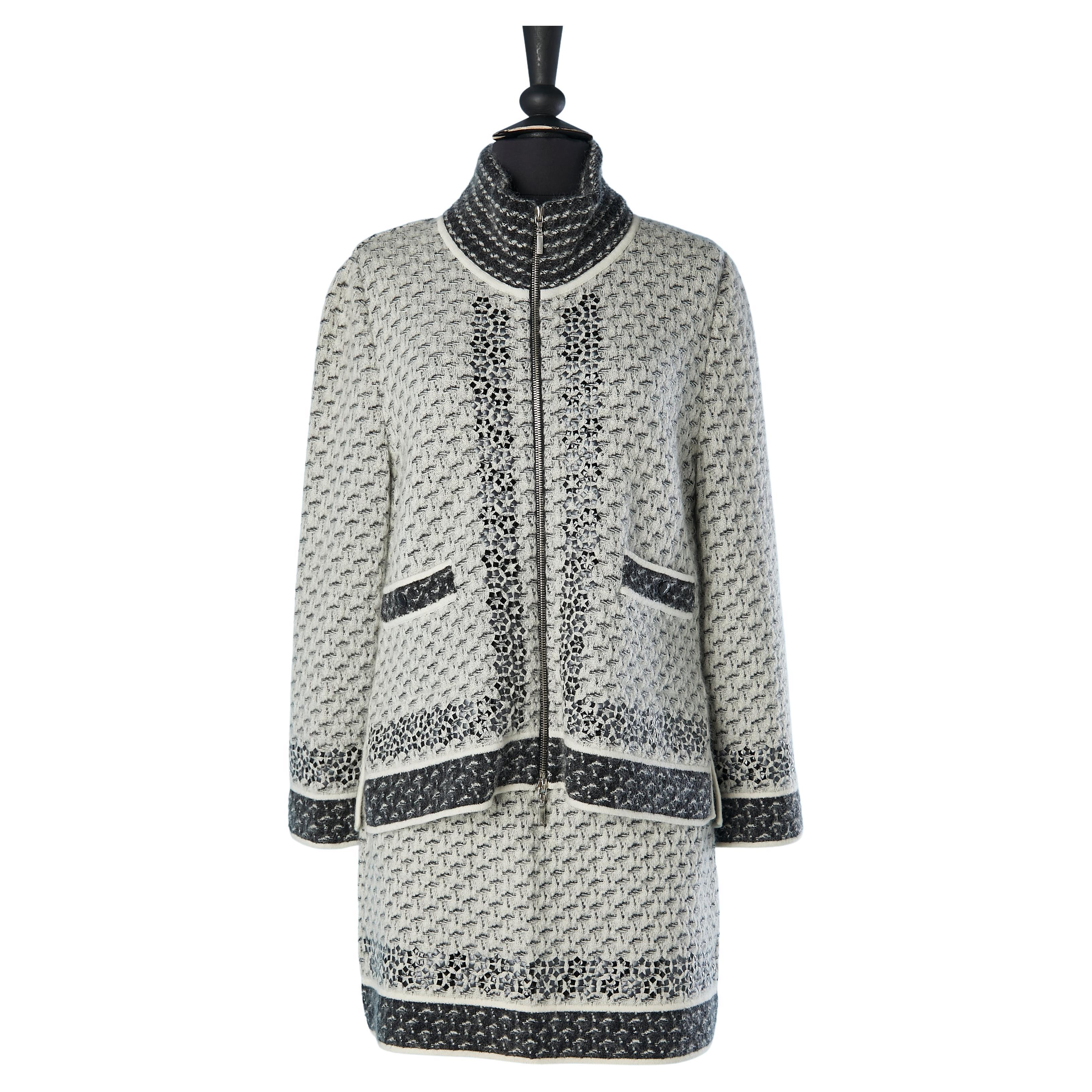 Grey jacquard cashmere and mohair jacket and skirt with aluminium inset  Chanel For Sale at 1stDibs