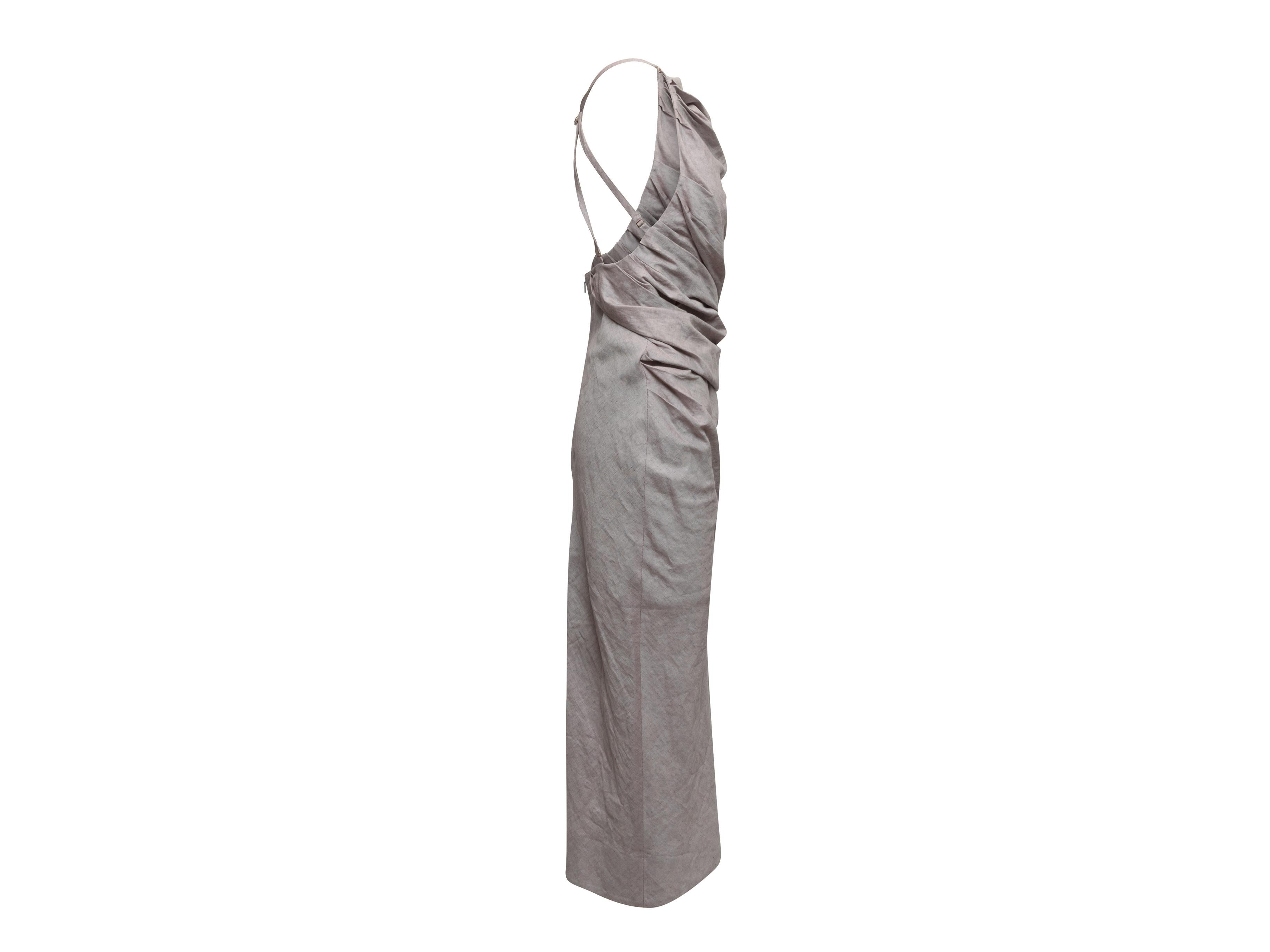 Product Details: Grey open back sleeveless maxi dress by Jacquemus. Square neckline. Ruching throughout. Zip closure at back. 30