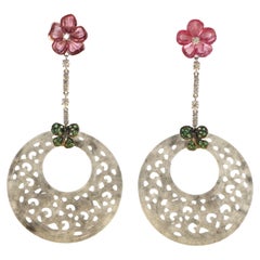 Grey Jade Tourmaline Diamond Dangle Chandelier Earrings in 18 Karat White Gold