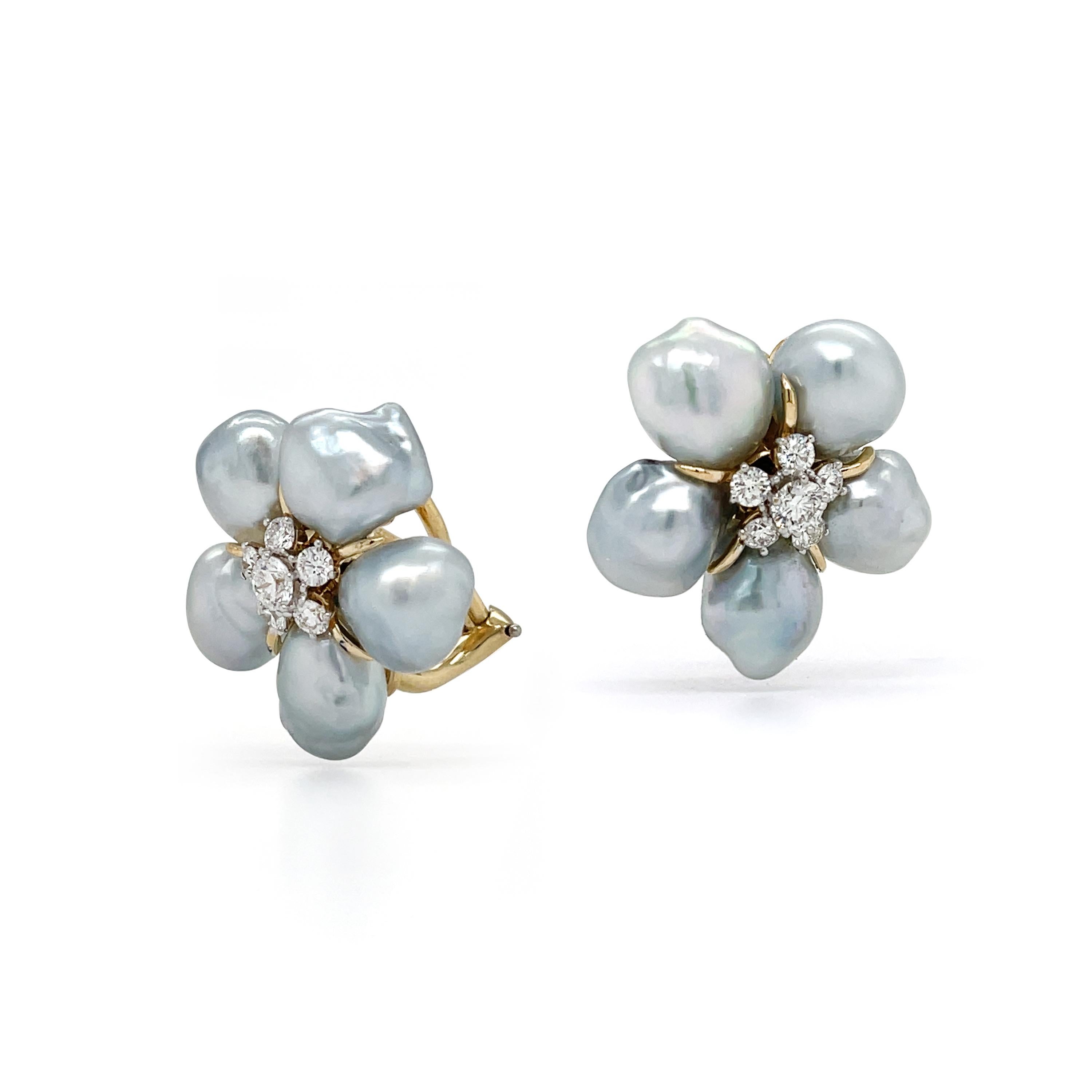 Brilliant Cut Grey Keshi Pearl South Sea 18K Yellow Gold Diamond Cluster Earrings For Sale