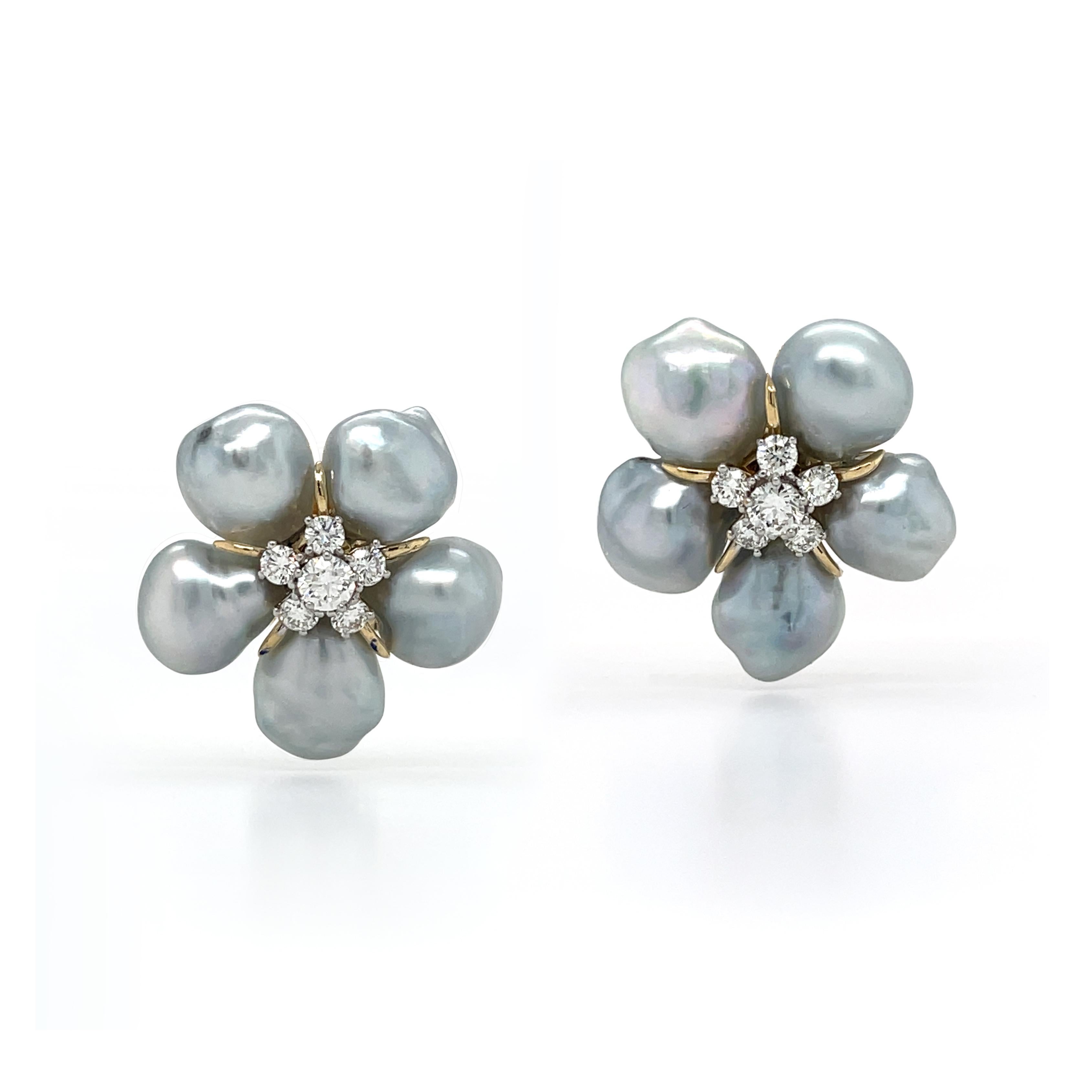 Grey Keshi Pearl South Sea 18K Yellow Gold Diamond Cluster Earrings In New Condition For Sale In New York, NY