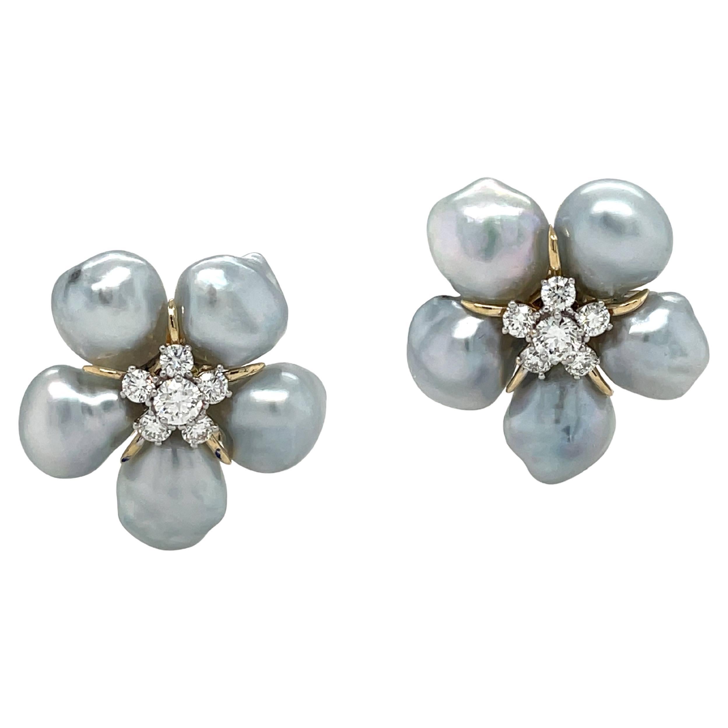Grey Keshi Pearl South Sea 18K Yellow Gold Diamond Cluster Earrings