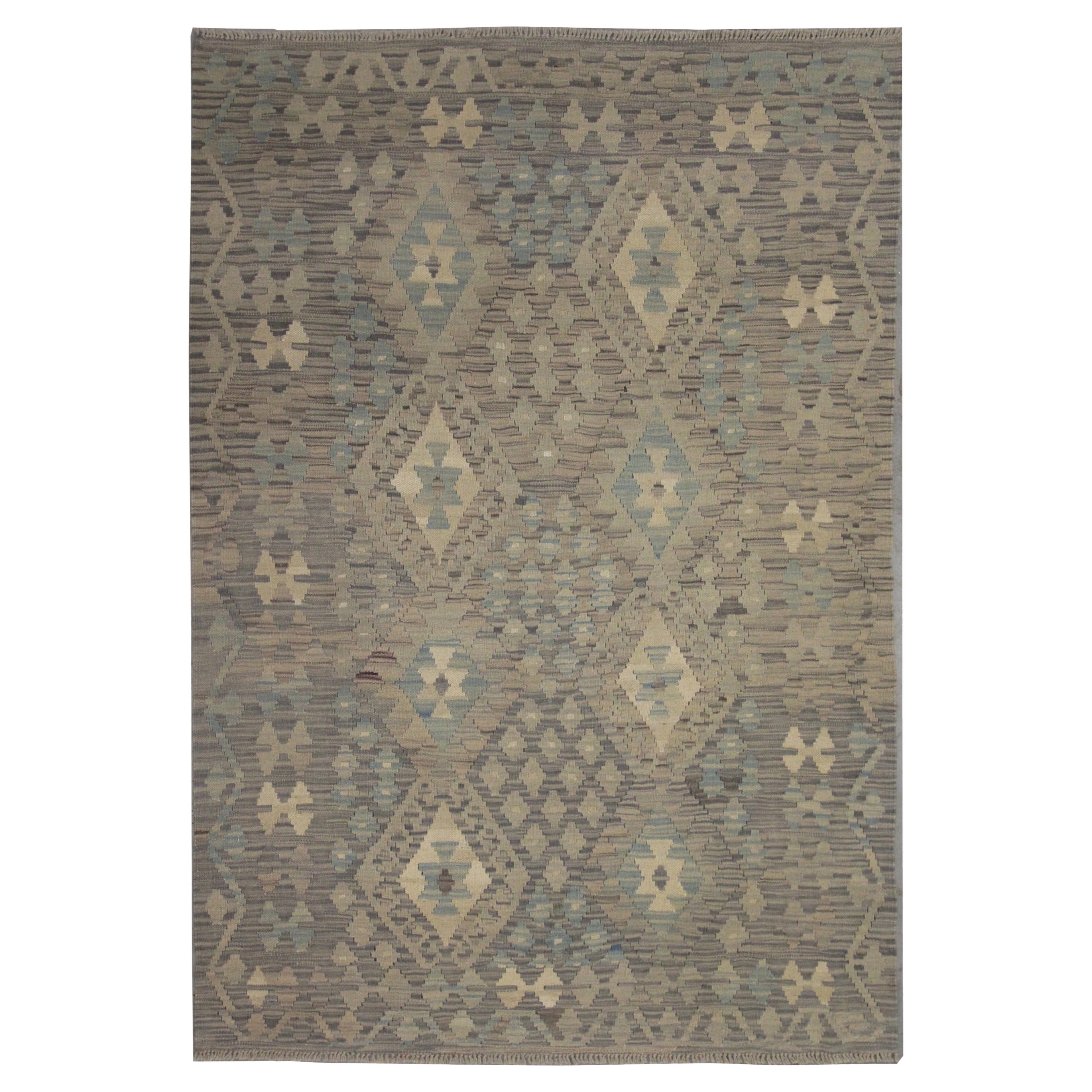 Grey Kilim Rug Traditional Carpet Kilim Scandinavian Style Brown Wool Area Rug