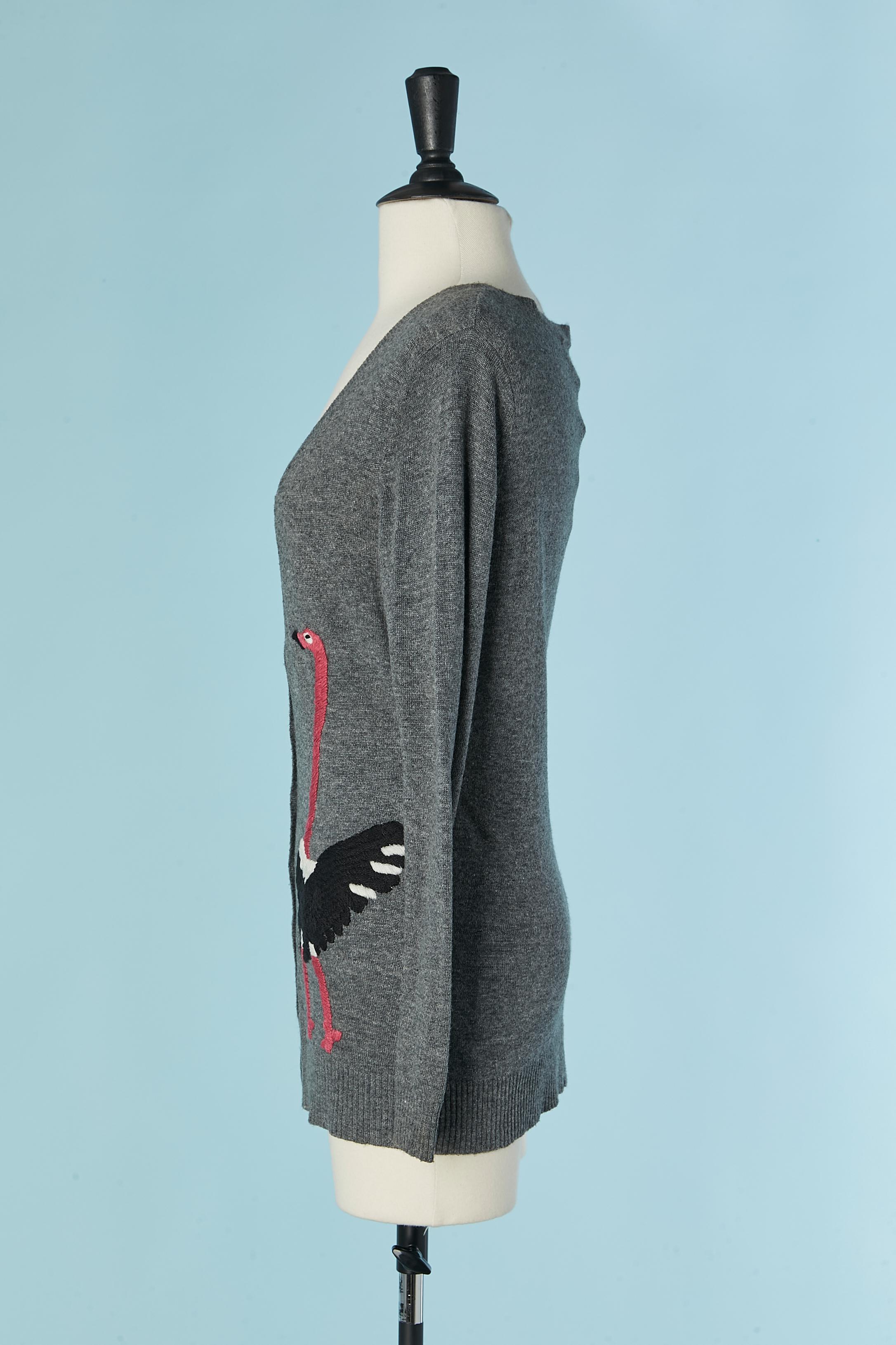 Grey knit cardigan with wool thread ostrich embroideries on SINIA RYKIEL In Excellent Condition For Sale In Saint-Ouen-Sur-Seine, FR