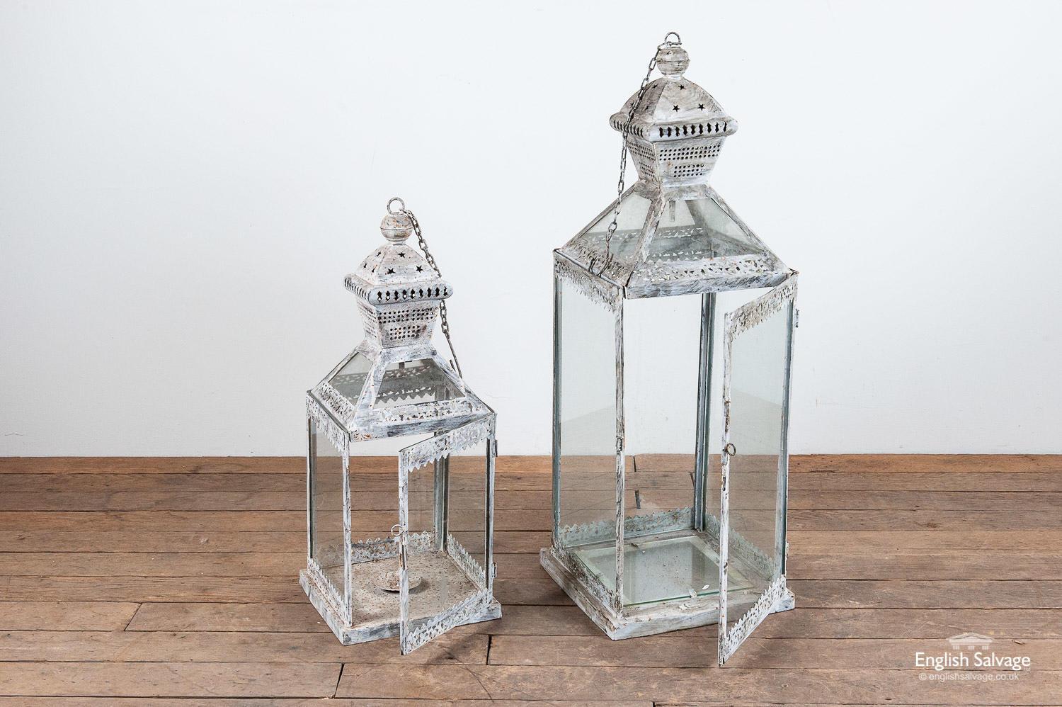 Metal Grey Latticework and Stars Candle Lanterns, 20th Century For Sale