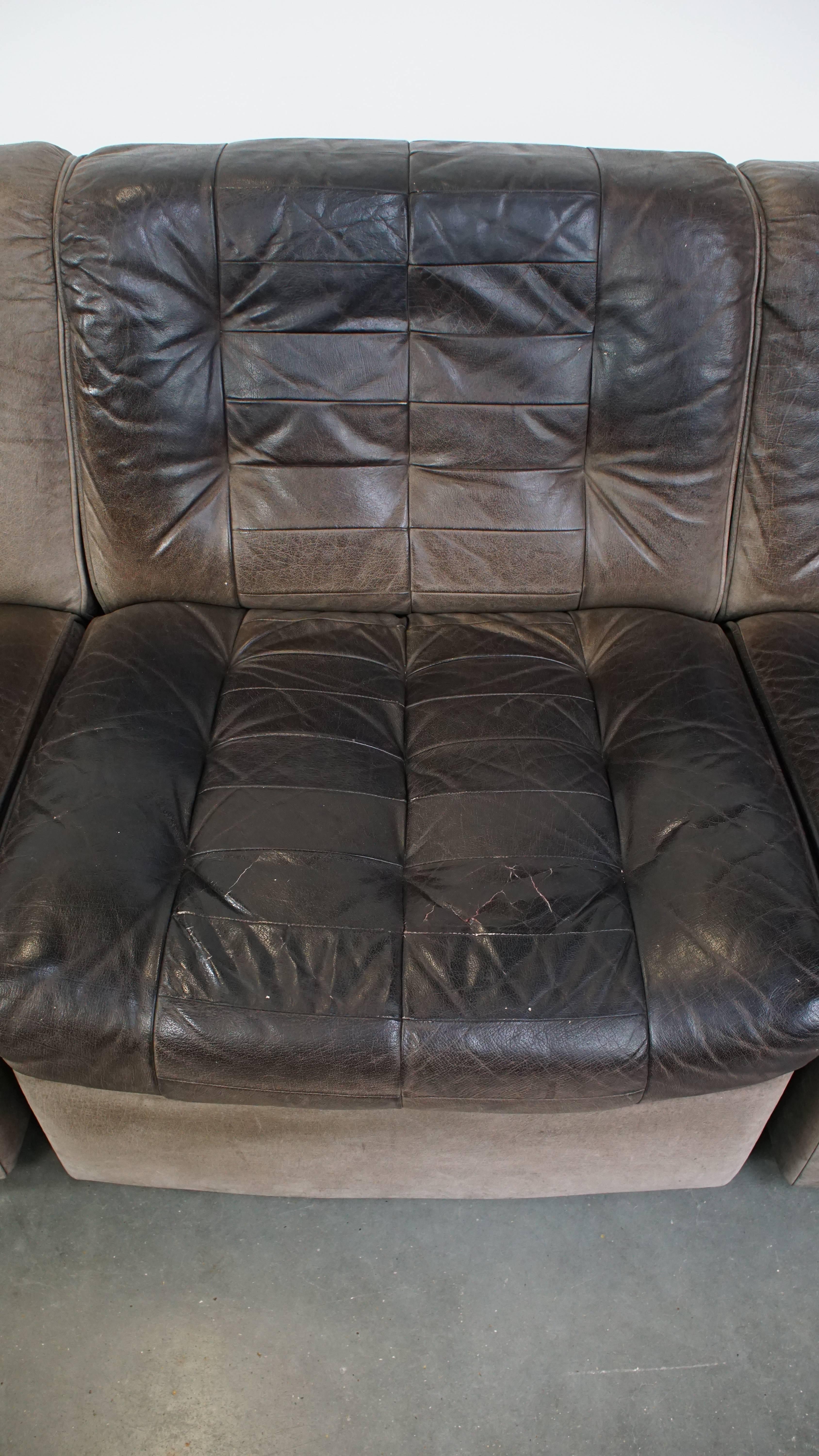 Cowhide Grey leather elements design sofa 3 elements + footstool For Sale