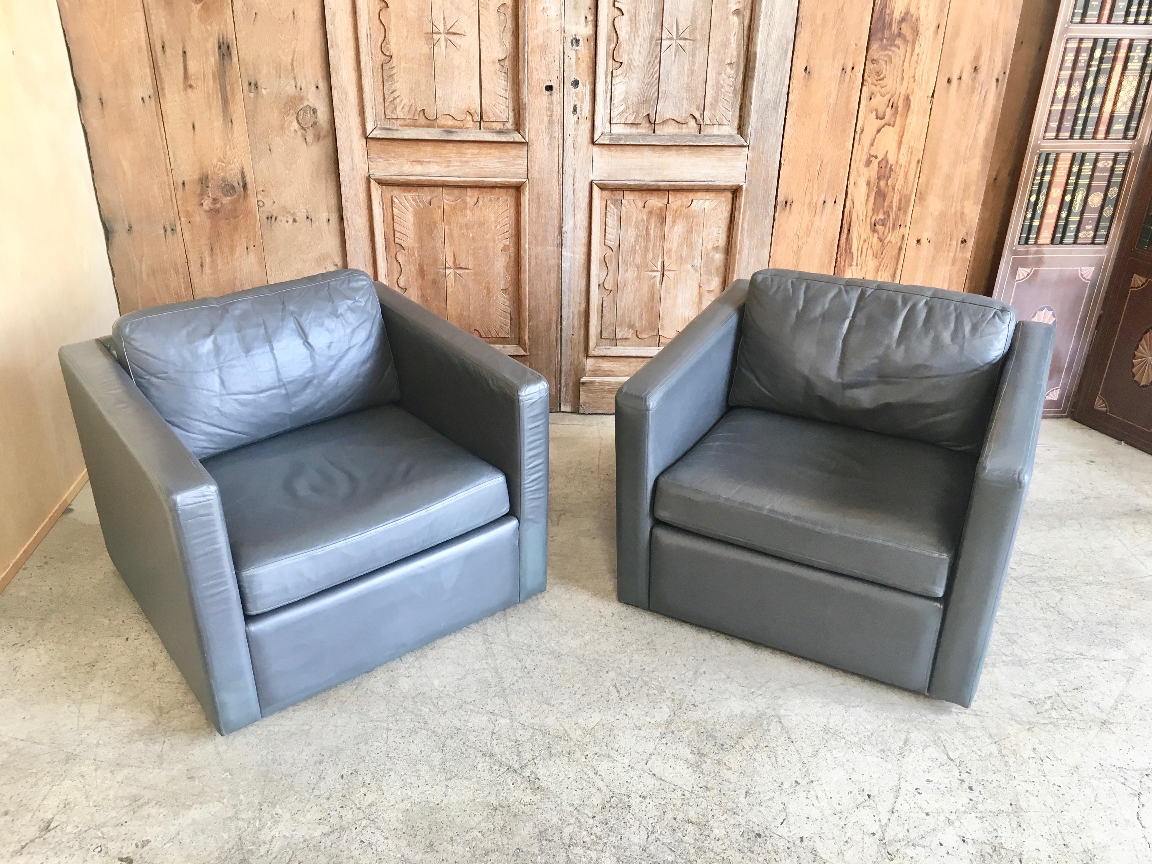 Mid-Century Modern Grey Leather Lounge Cube Chairs