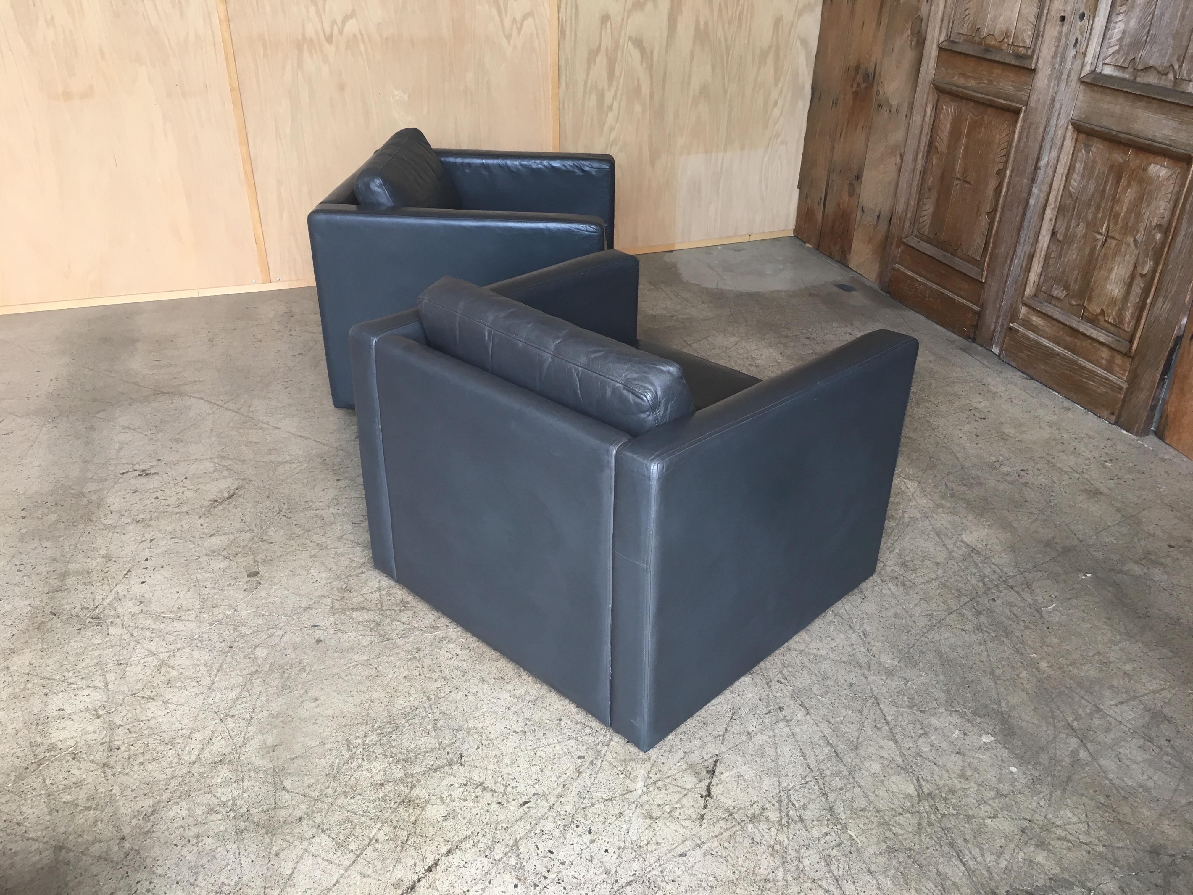 20th Century Grey Leather Lounge Cube Chairs