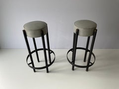 Grey Leather Pair of Bar Stools with Circle Footrests, 1960s, Italy
