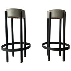 Grey Leather Pair of Bar Stools with Circle Footrests, 1960s, Italy