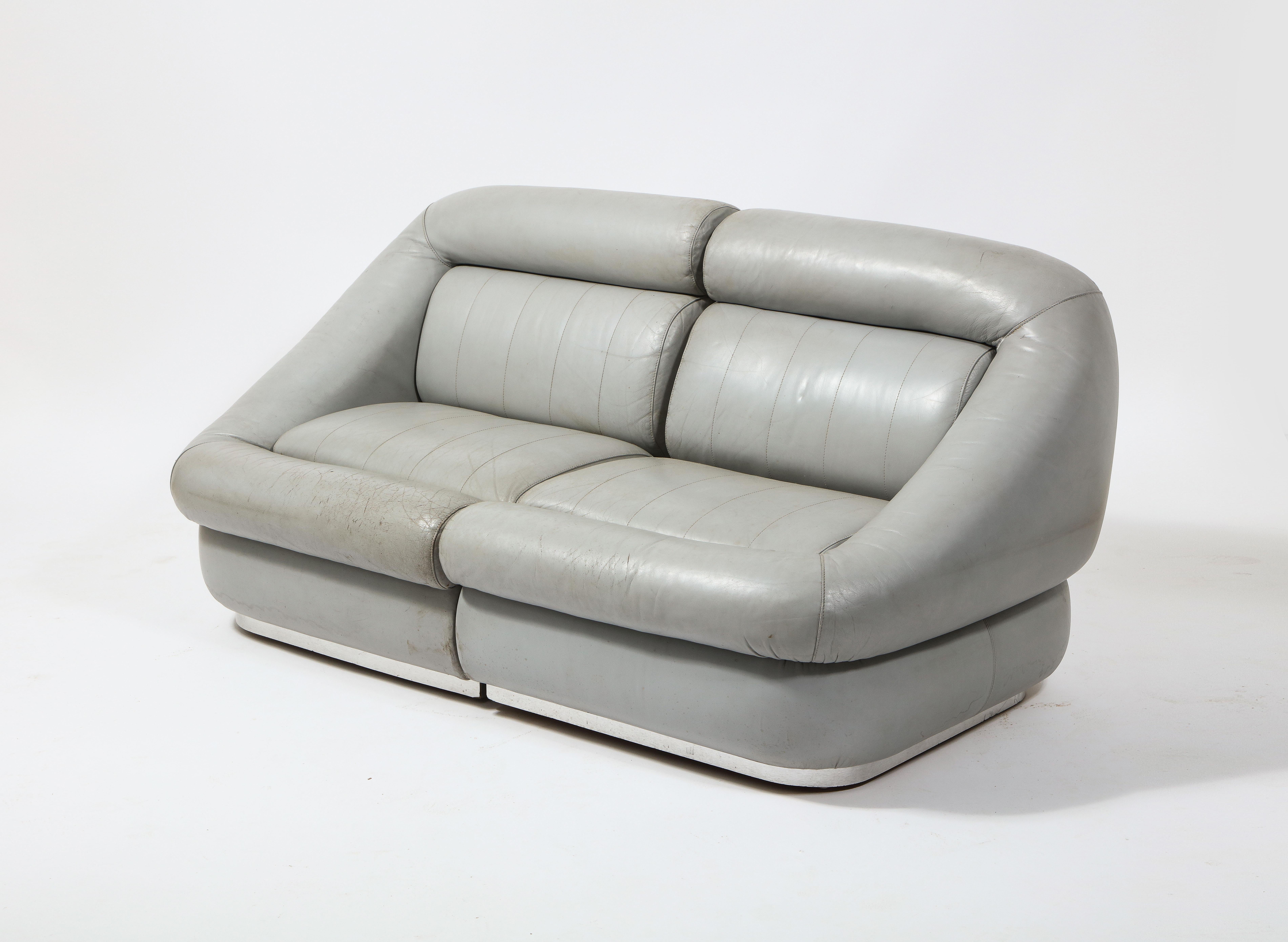 Aluminum Grey Leather Settee by Cantu, Italy 1970's