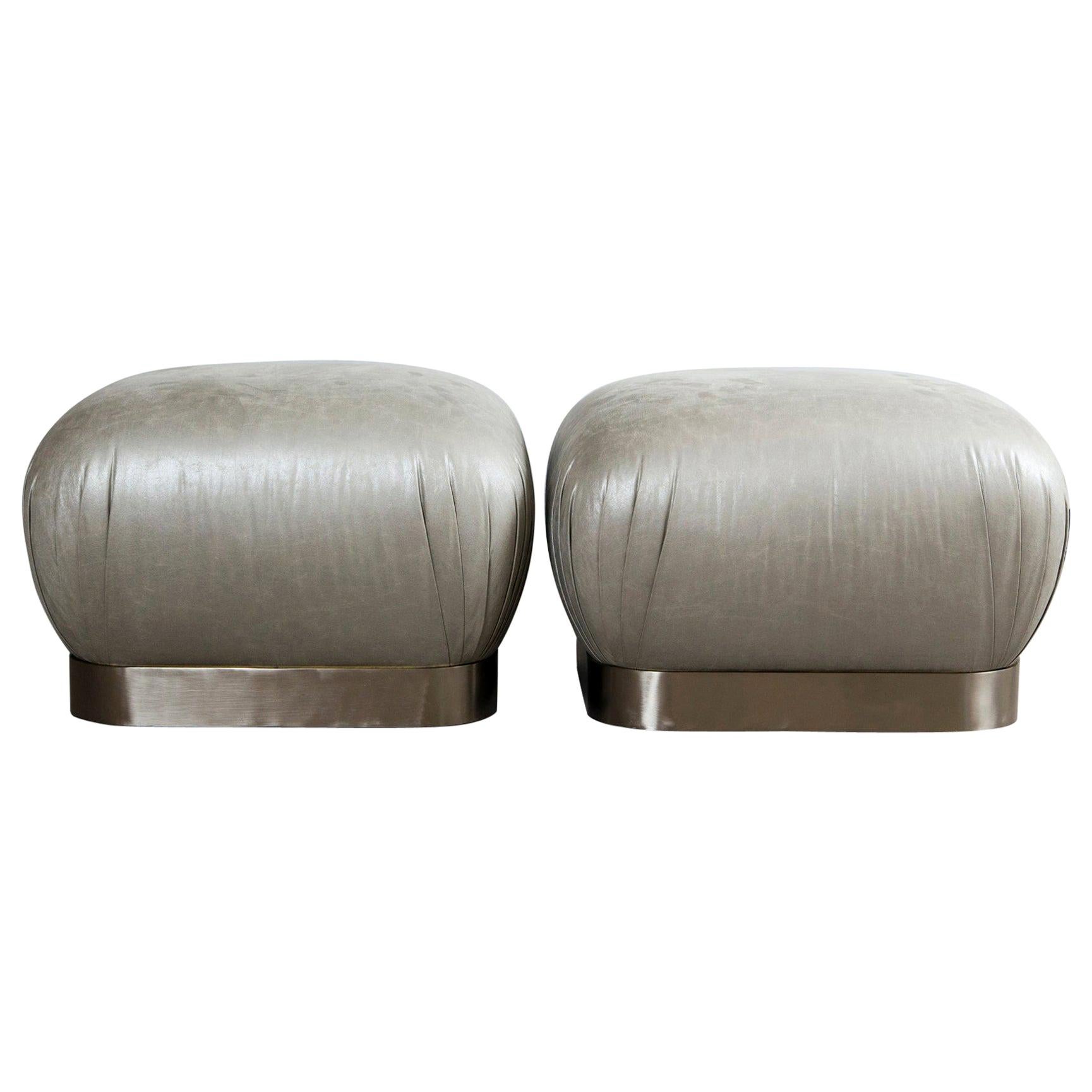 Grey Leather & Stainless Steel Karl Springer Style Souffle Ottomans Wheels, Pair